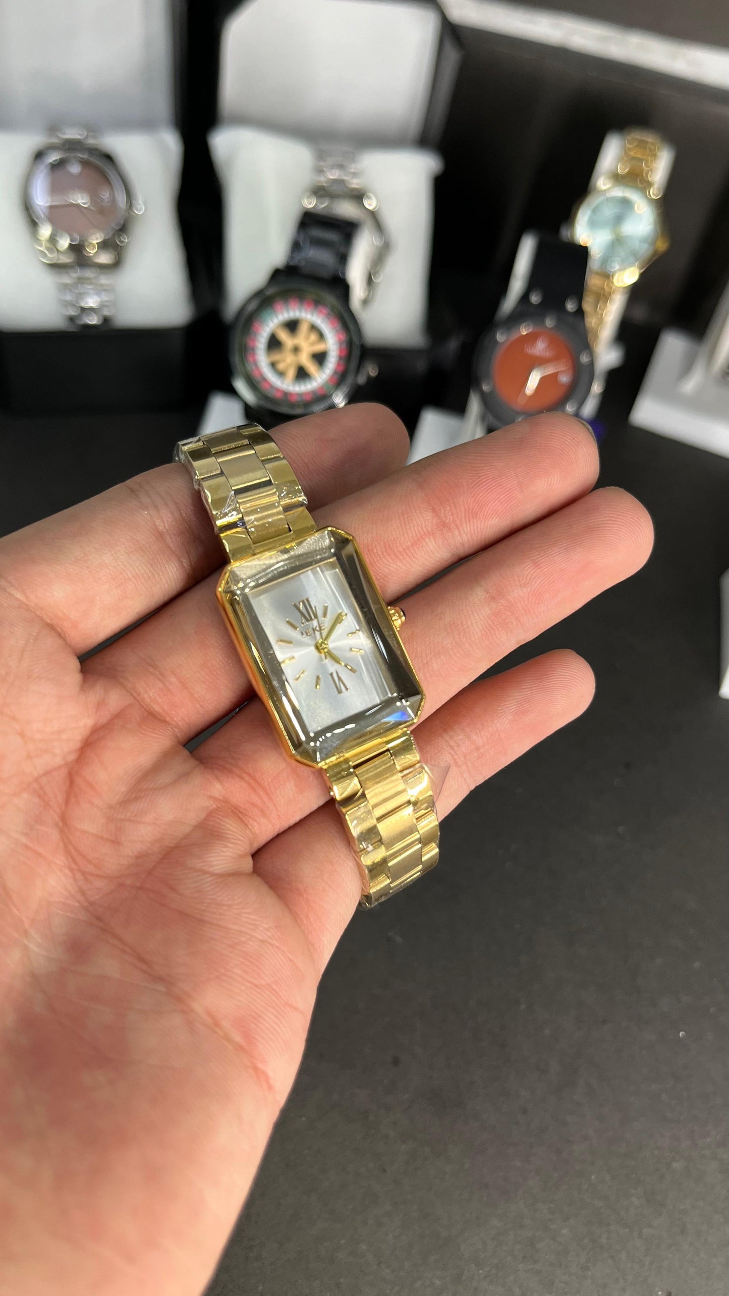 IEKE Women’s Rectangular Gold-Tone Watch – White Dial with Roman Numerals