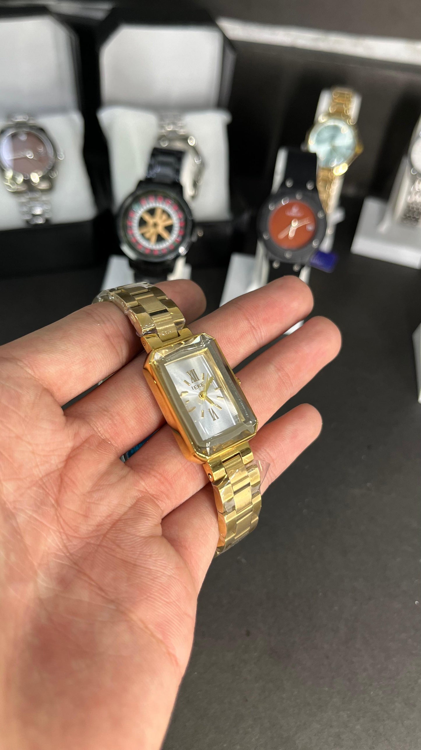 IEKE Women’s Rectangular Gold-Tone Watch – White Dial with Roman Numerals