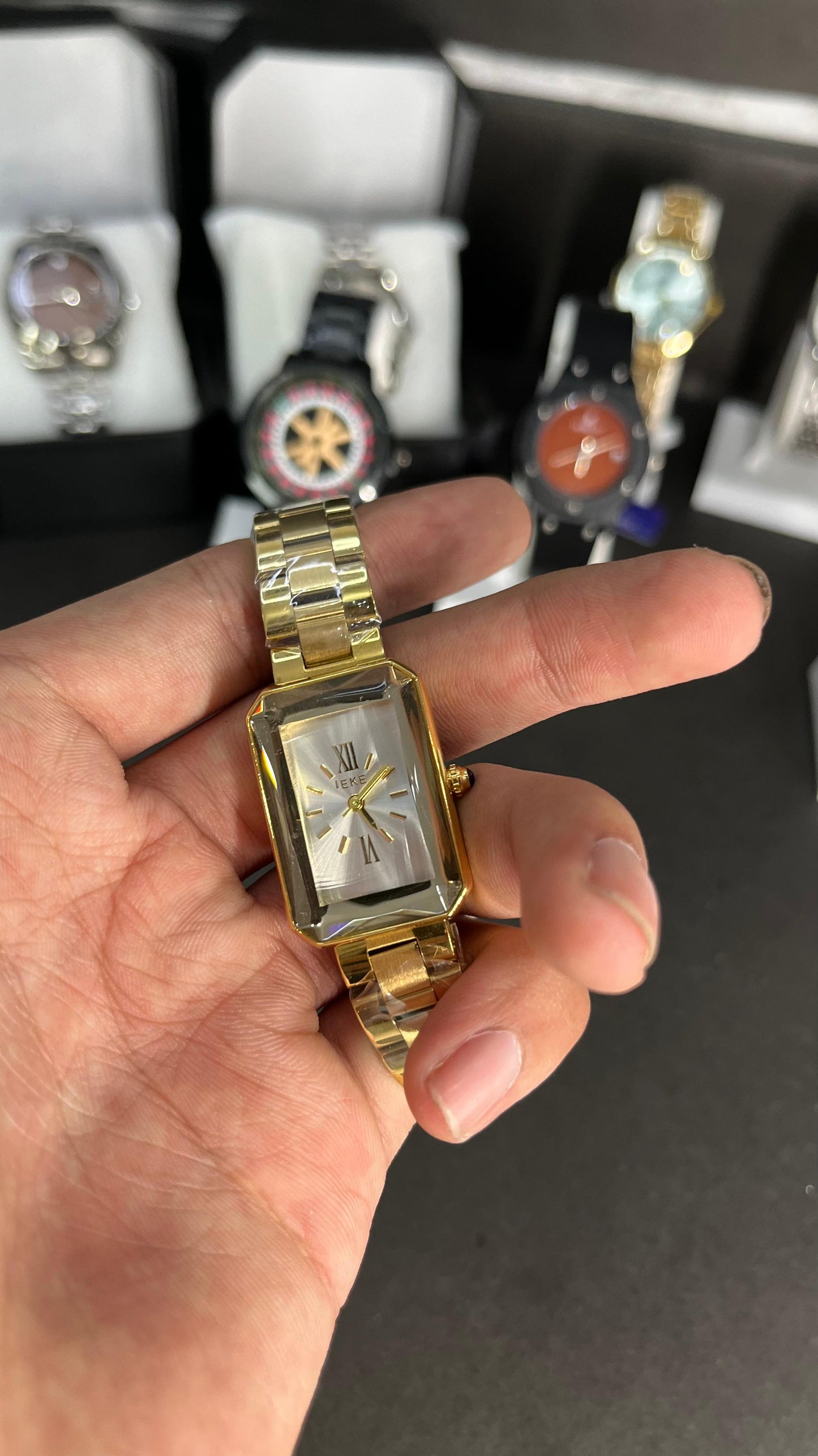 IEKE Women’s Rectangular Gold-Tone Watch – White Dial with Roman Numerals