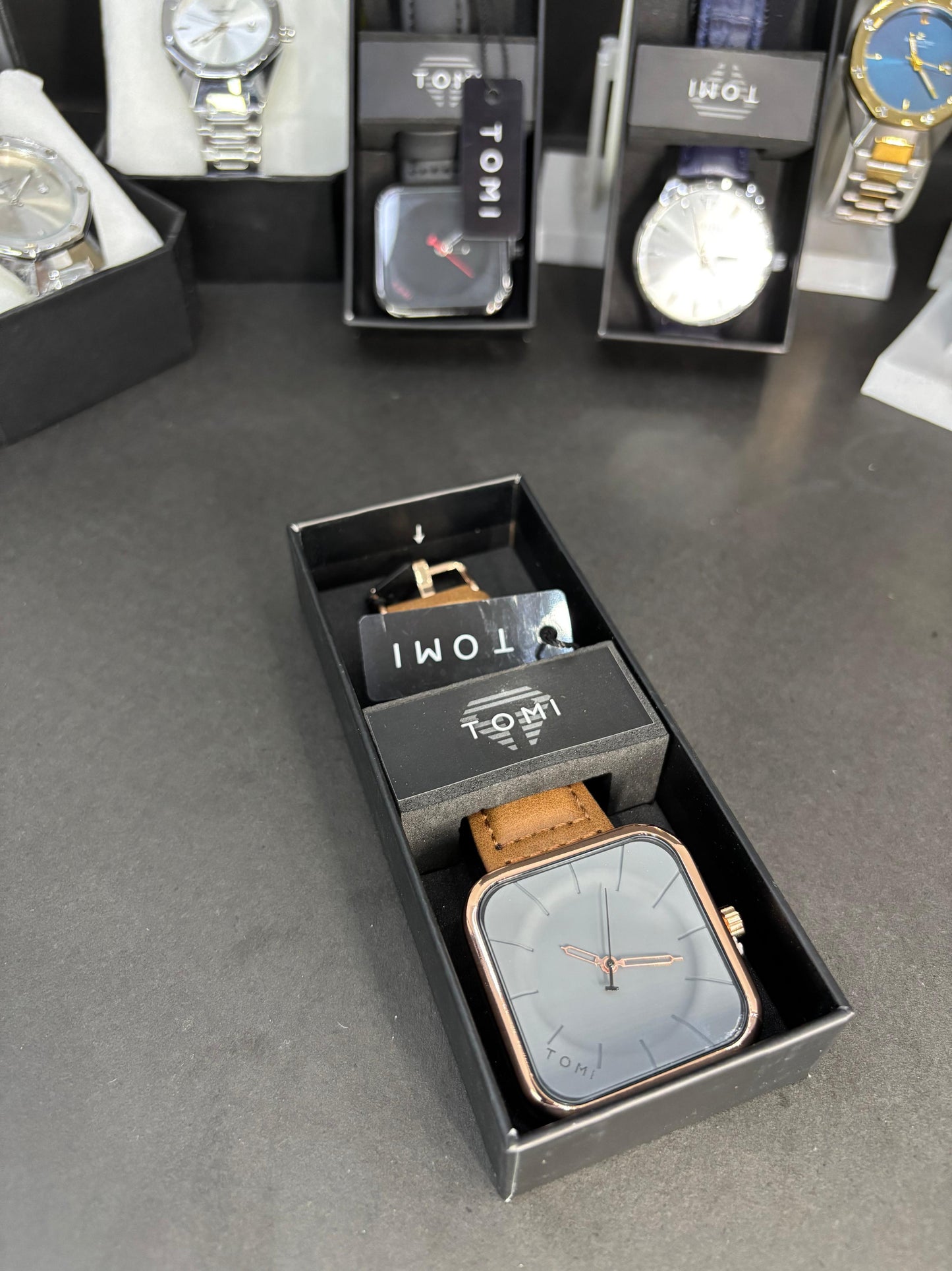 TOMI Square Dial Watch with Brown Leather Strap