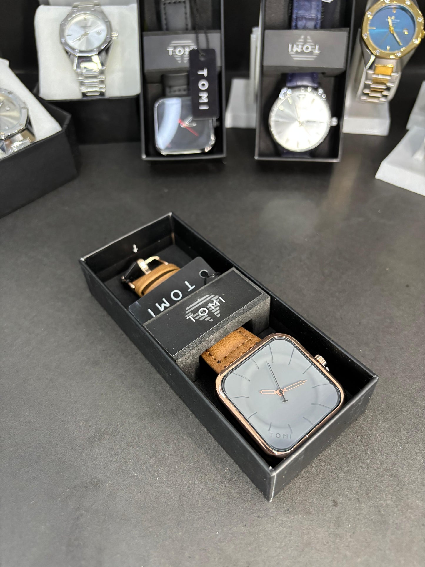 TOMI Square Dial Watch with Brown Leather Strap