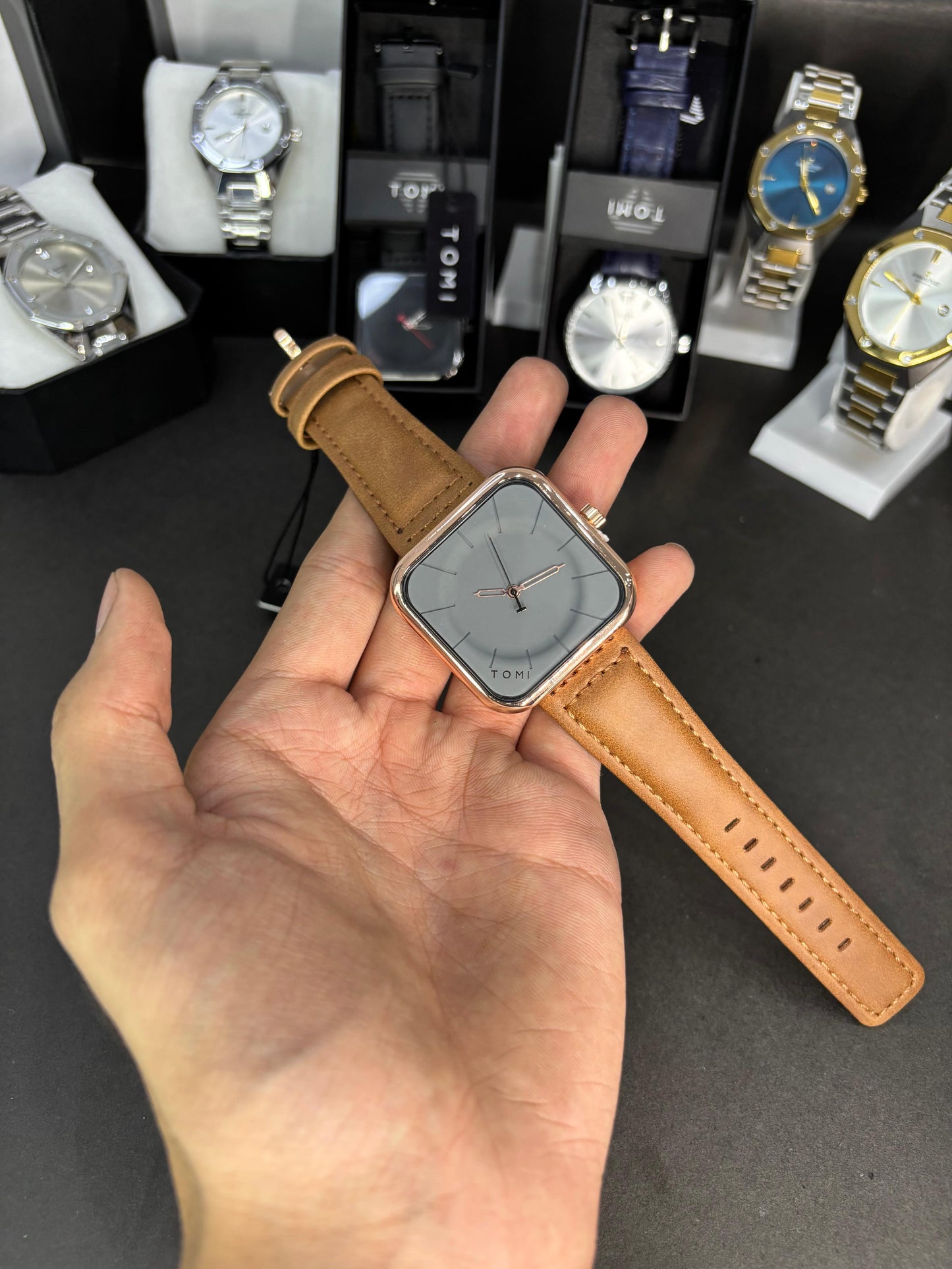 TOMI Square Dial Watch with Brown Leather Strap