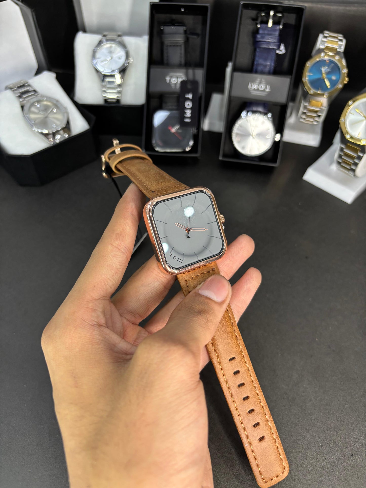 TOMI Square Dial Watch with Brown Leather Strap