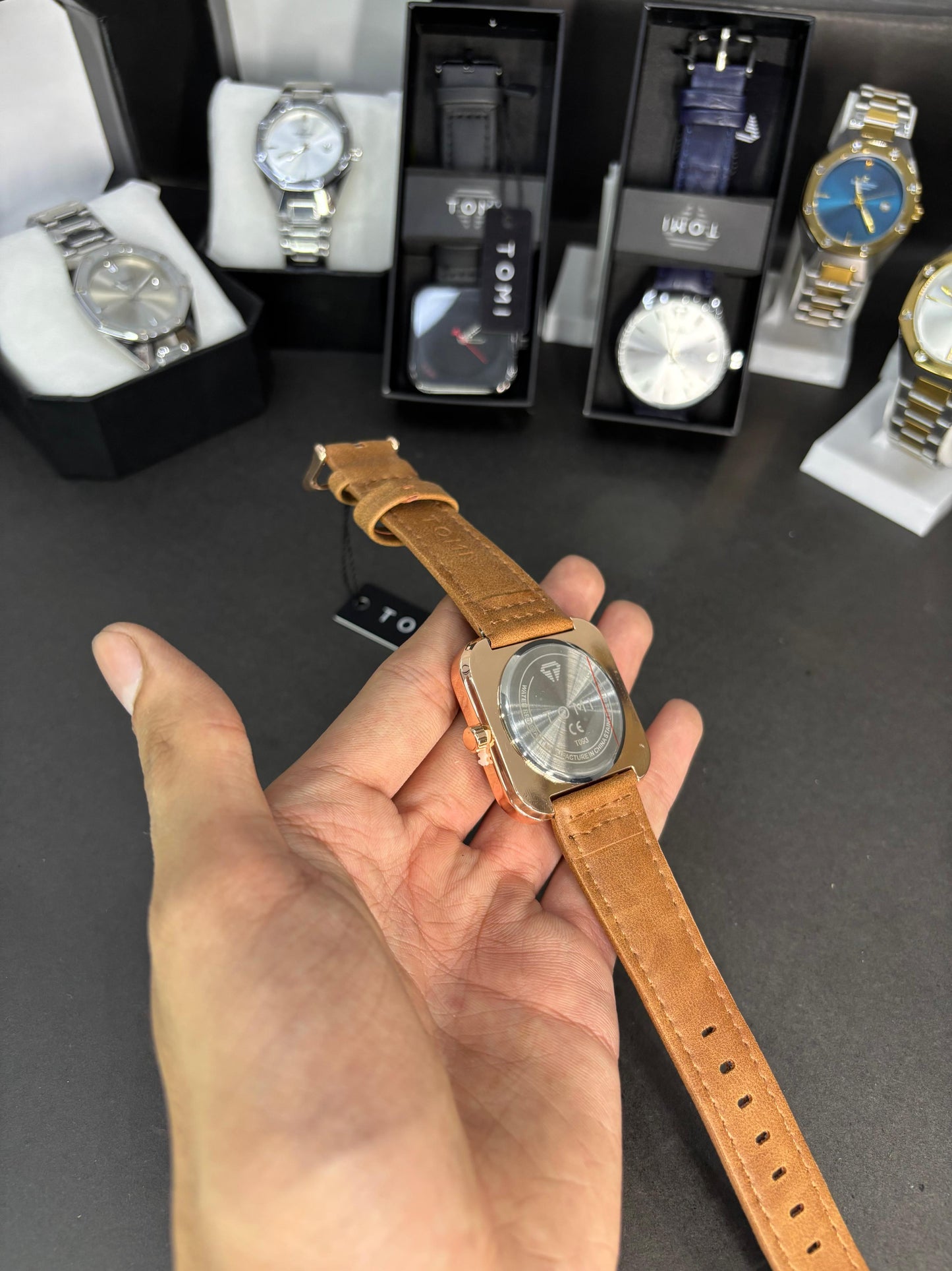 TOMI Square Dial Watch with Brown Leather Strap