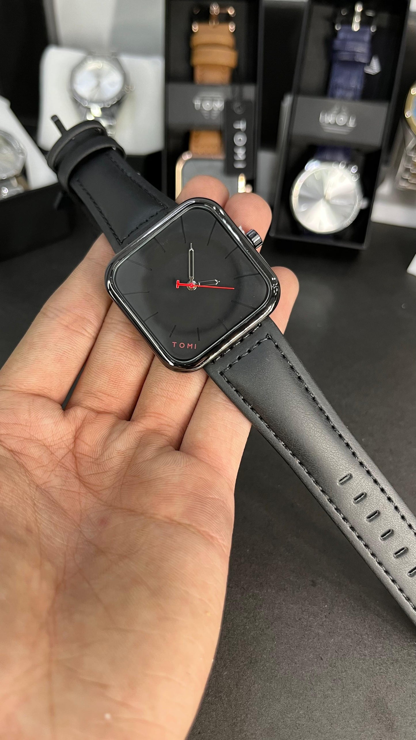 TOMI Black Square Dial Watch with Leather Strap