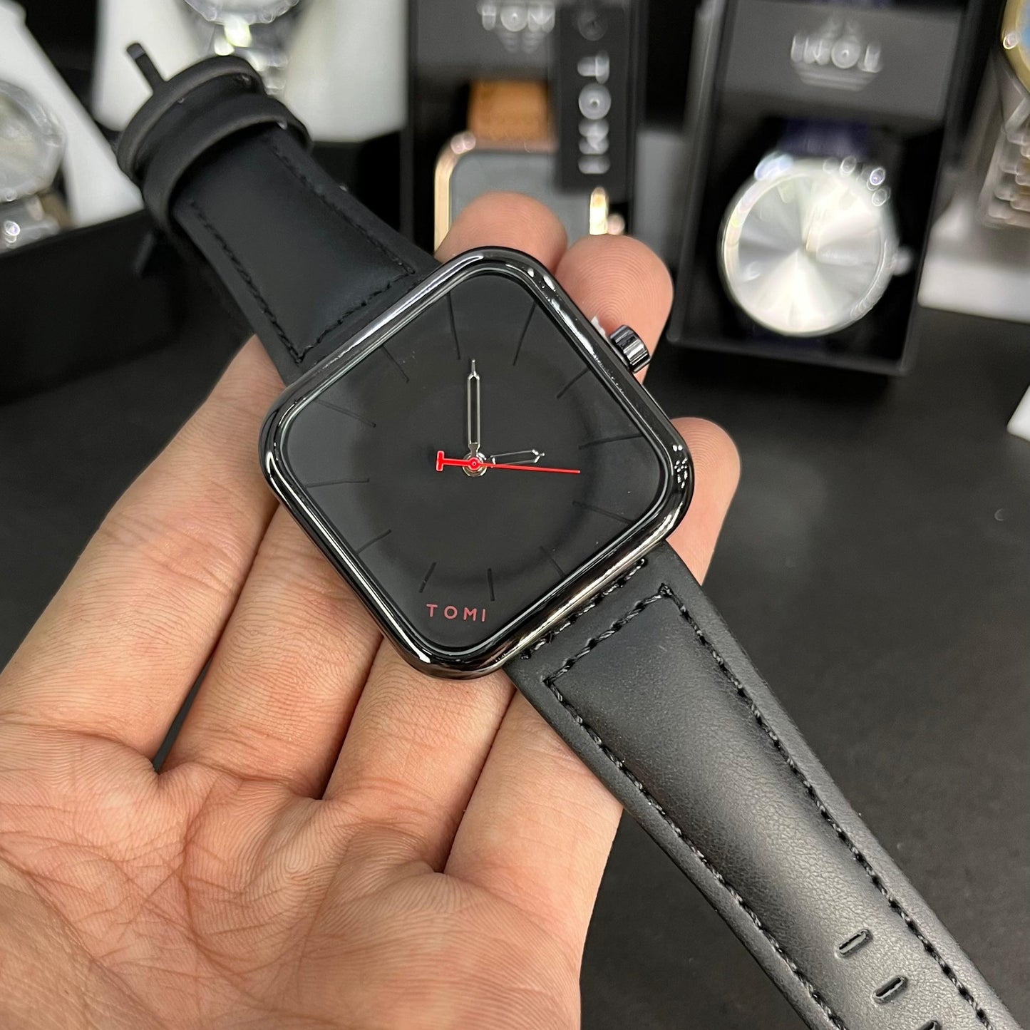TOMI Black Square Dial Watch with Leather Strap