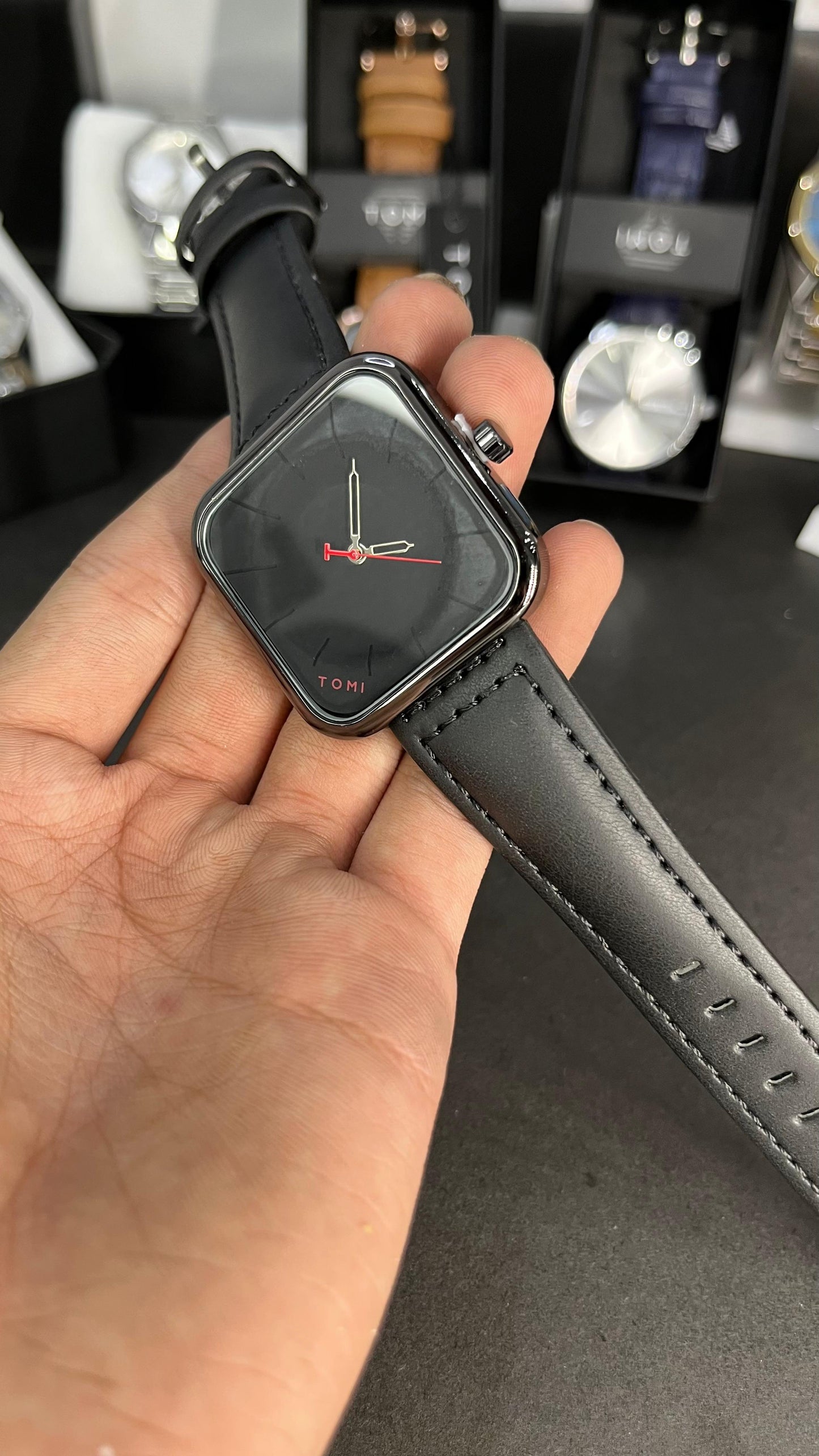 TOMI Black Square Dial Watch with Leather Strap