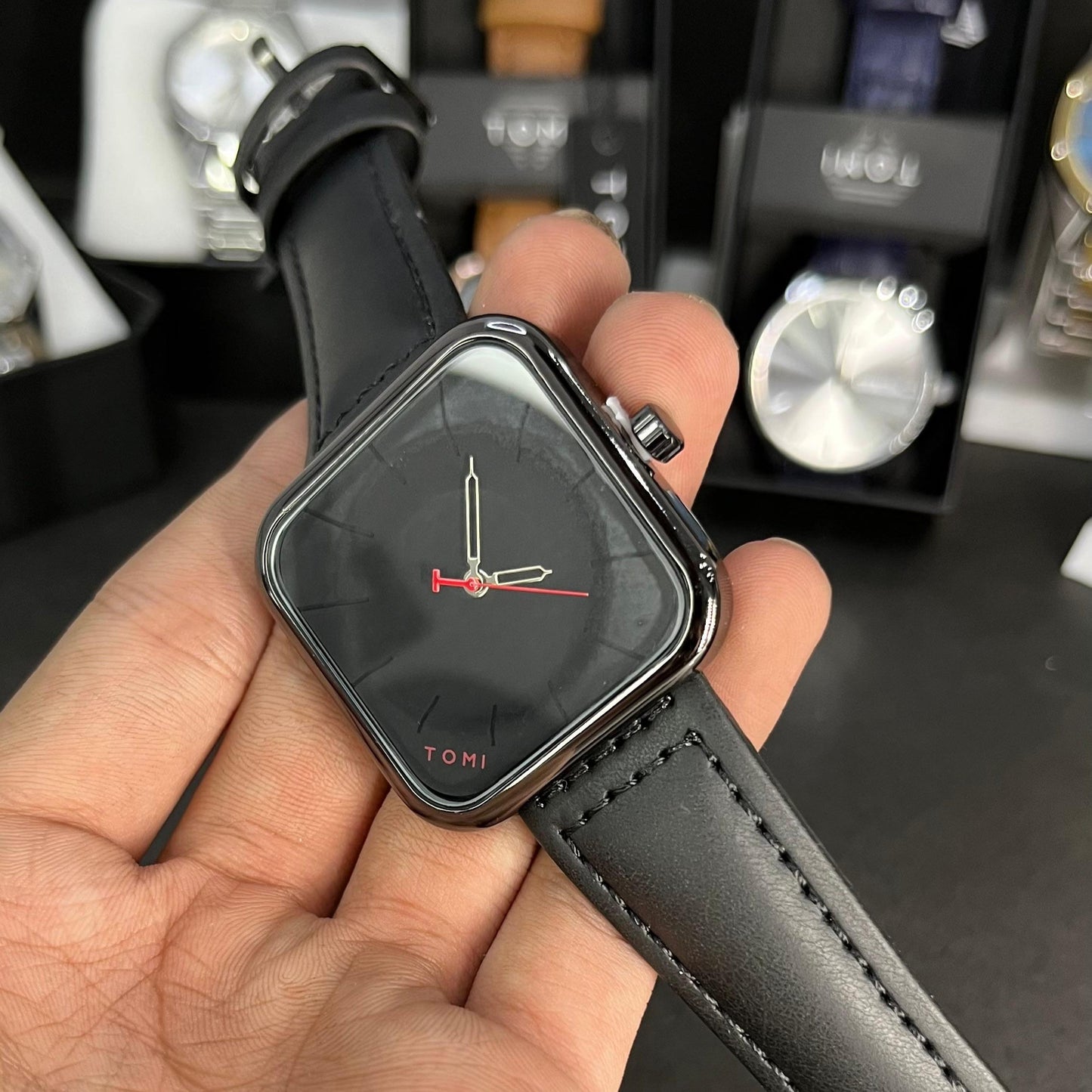 TOMI Black Square Dial Watch with Leather Strap