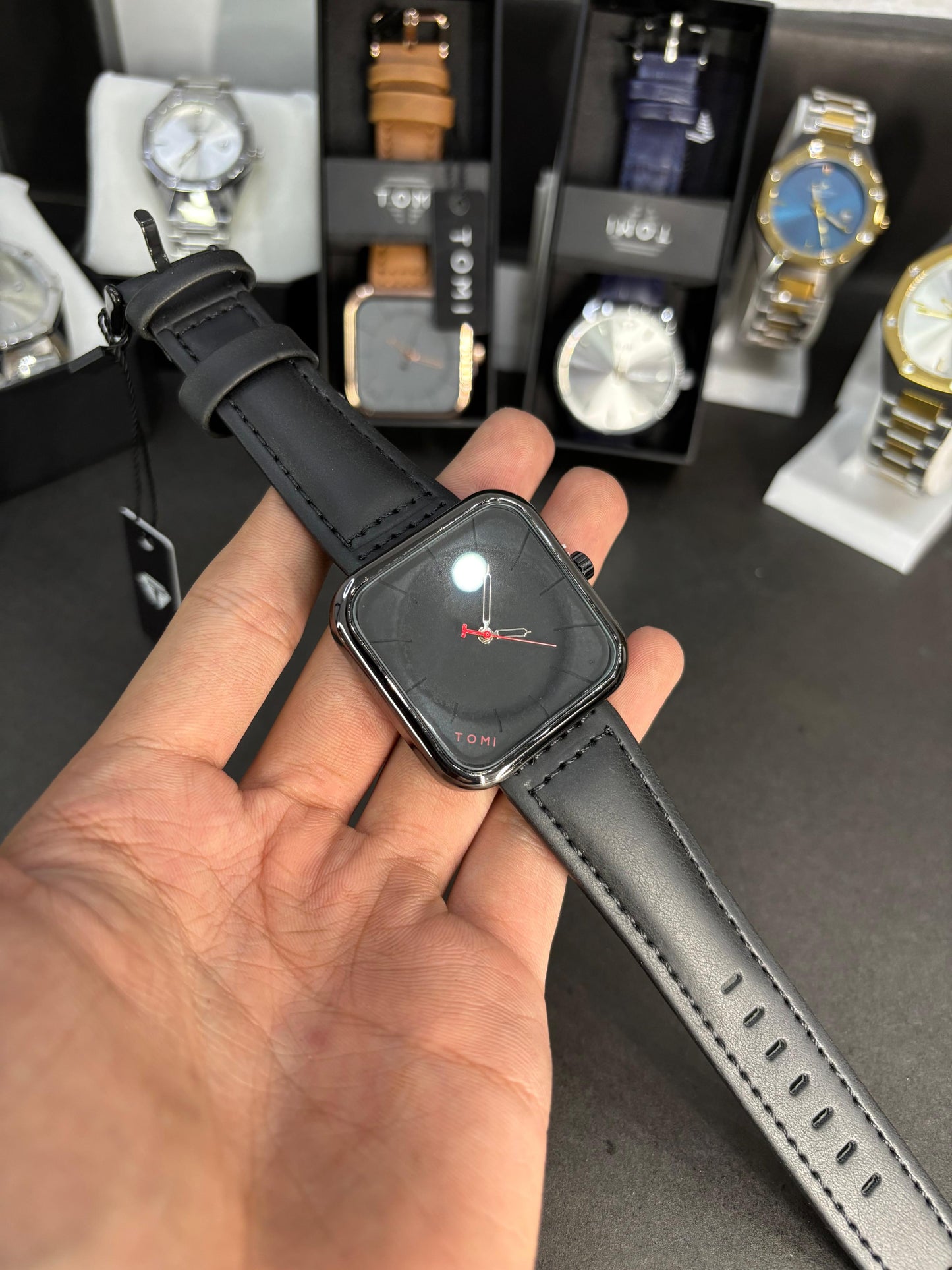 TOMI Black Square Dial Watch with Leather Strap