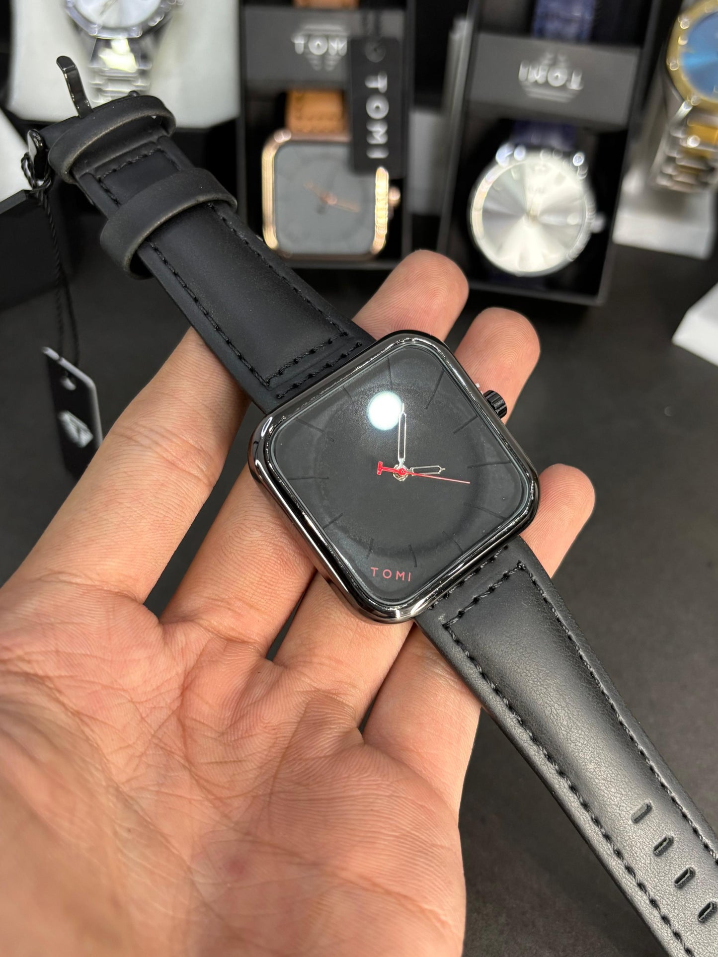 TOMI Black Square Dial Watch with Leather Strap