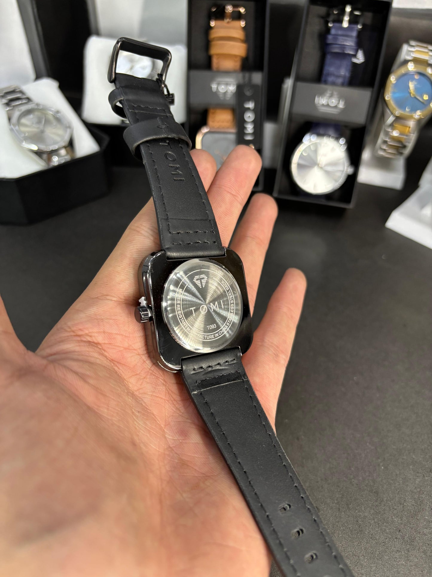 TOMI Black Square Dial Watch with Leather Strap