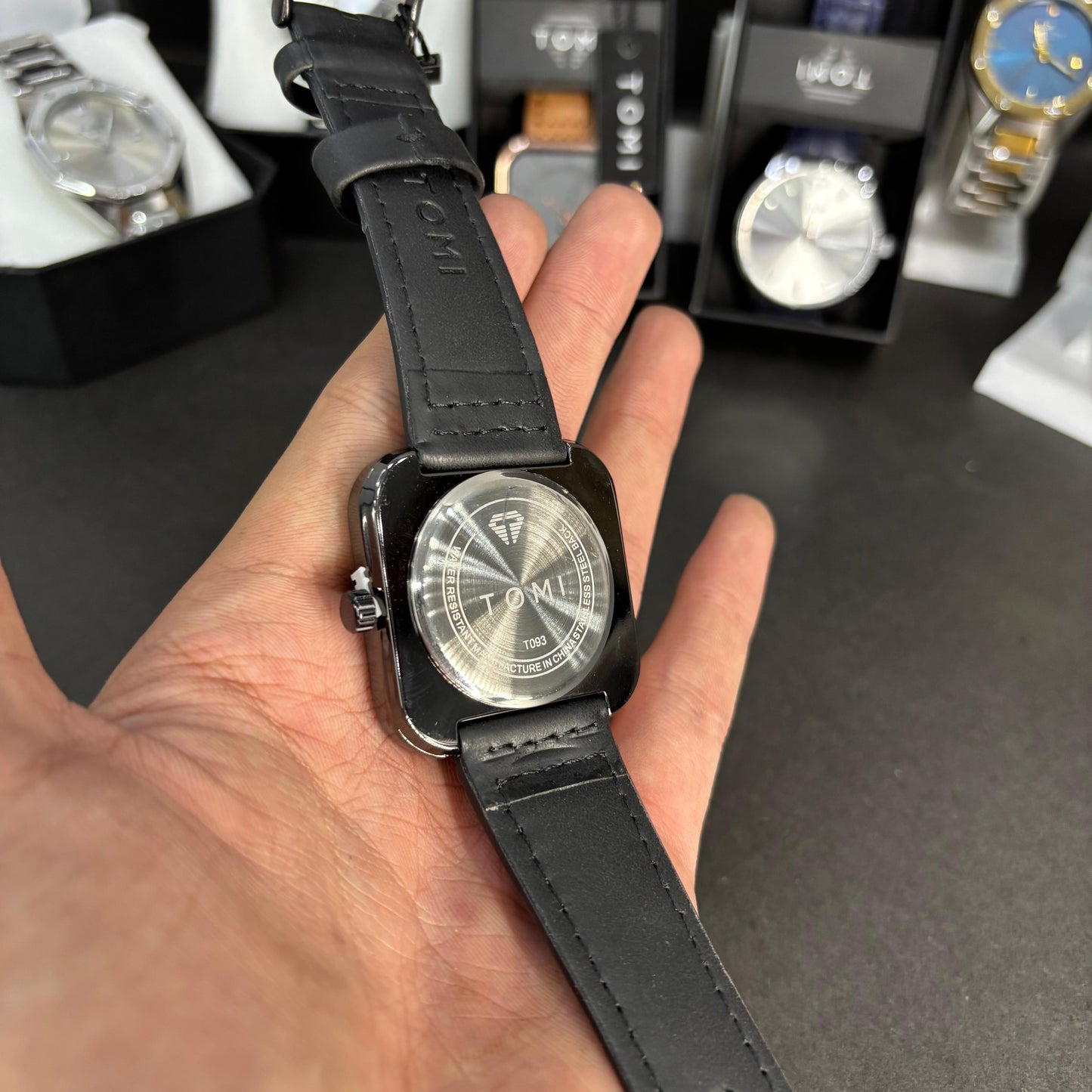 TOMI Black Square Dial Watch with Leather Strap