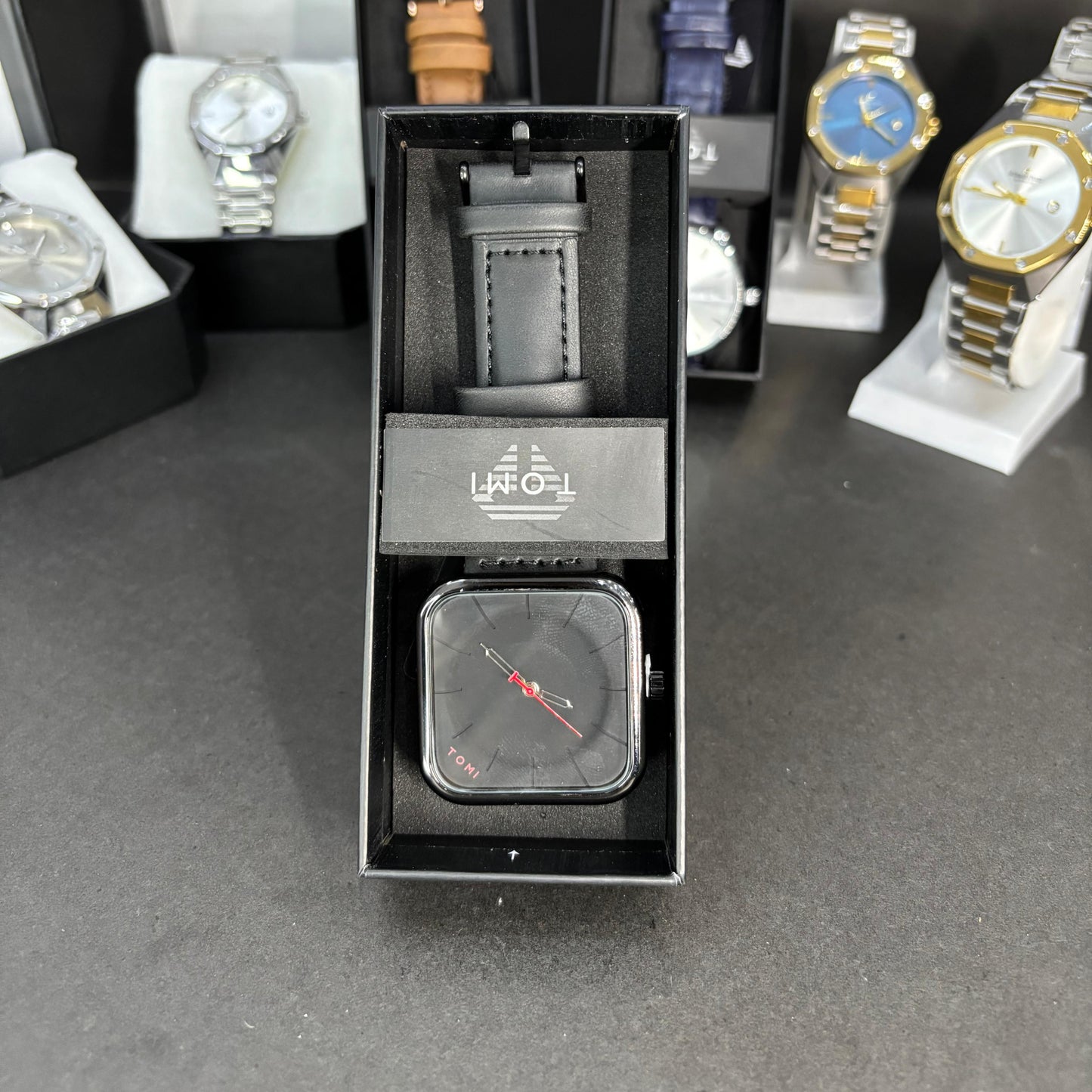 TOMI Black Square Dial Watch with Leather Strap