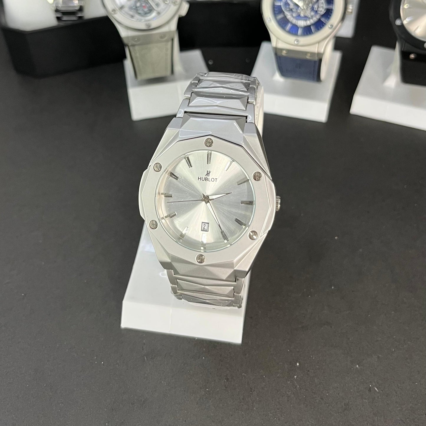 ublot Men’s Watch – Silver Stainless Steel with White Dial