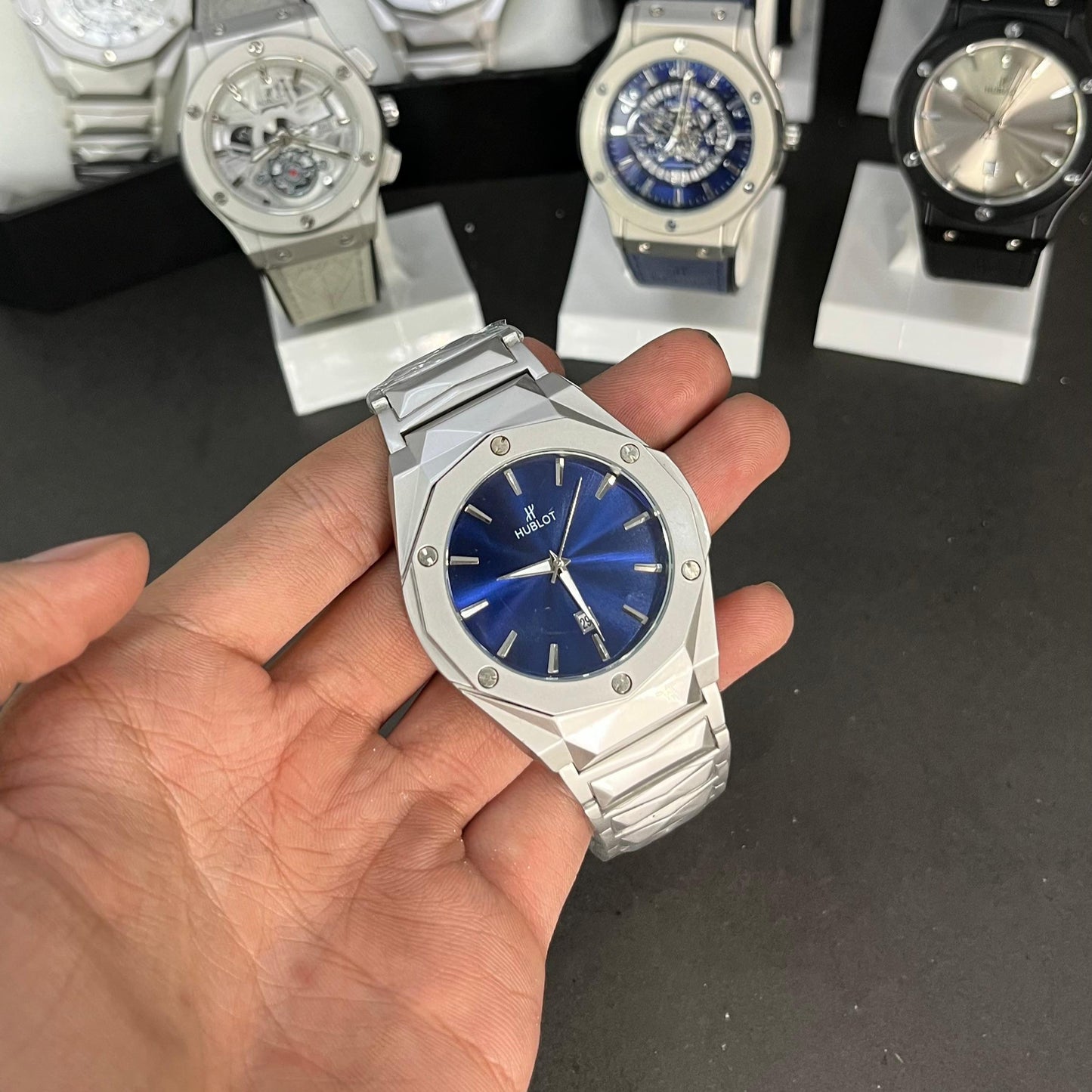 Hublot Men’s Watch – Silver Stainless Steel with Blue Dial