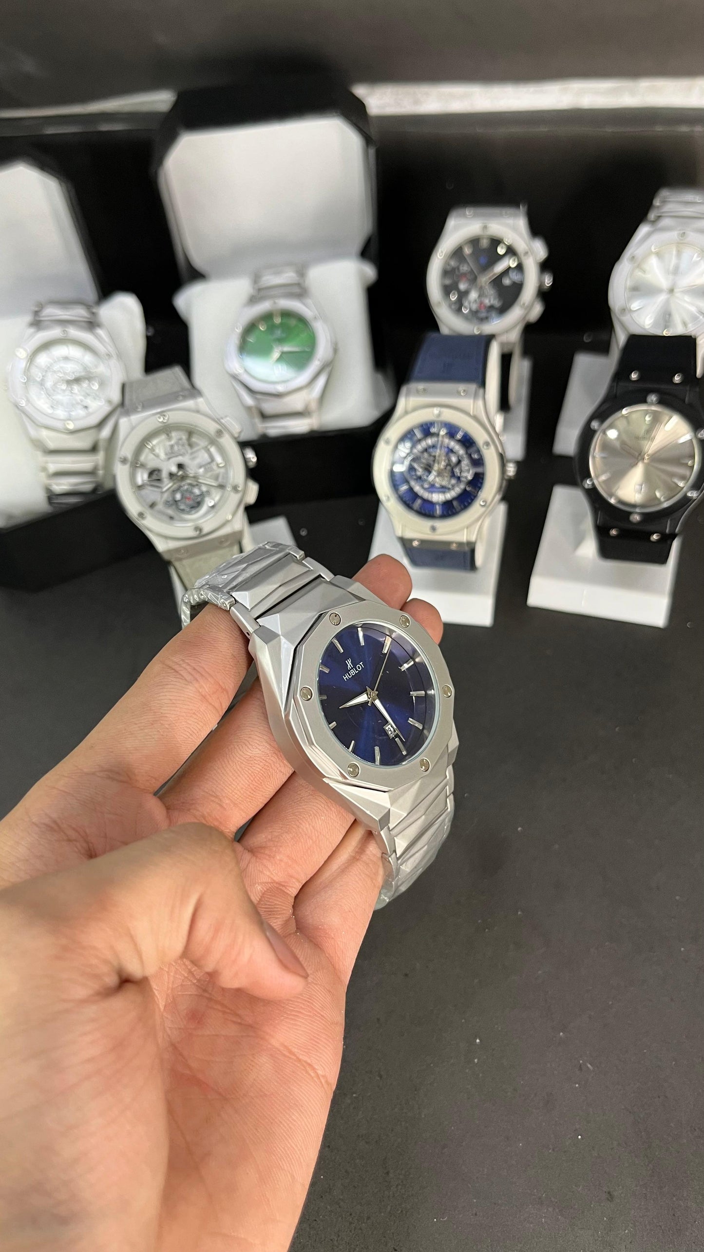 Hublot Men’s Watch – Silver Stainless Steel with Blue Dial