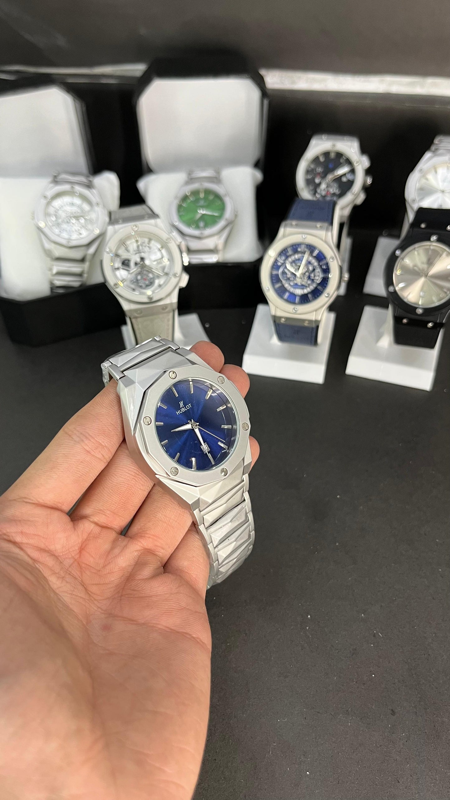 Hublot Men’s Watch – Silver Stainless Steel with Blue Dial