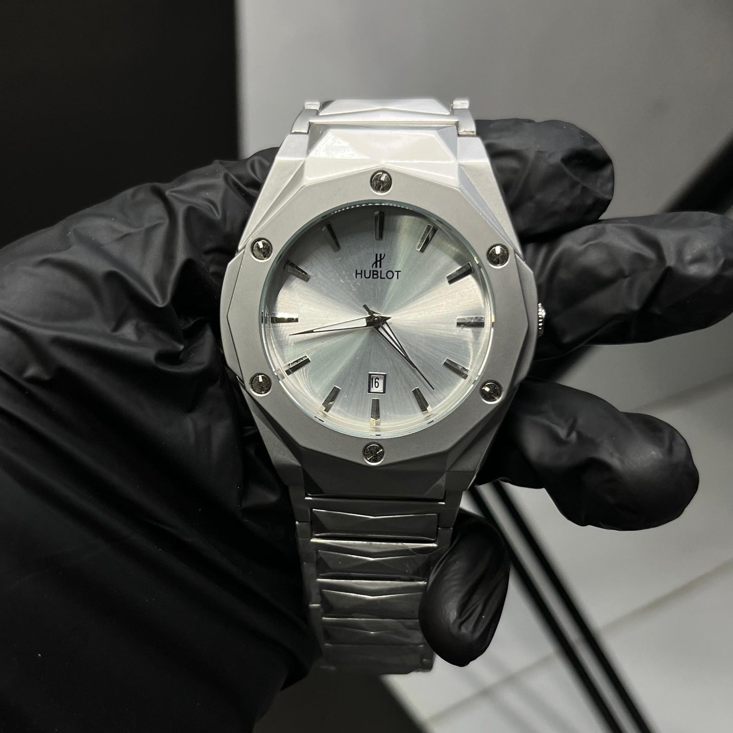ublot Men’s Watch – Silver Stainless Steel with White Dial