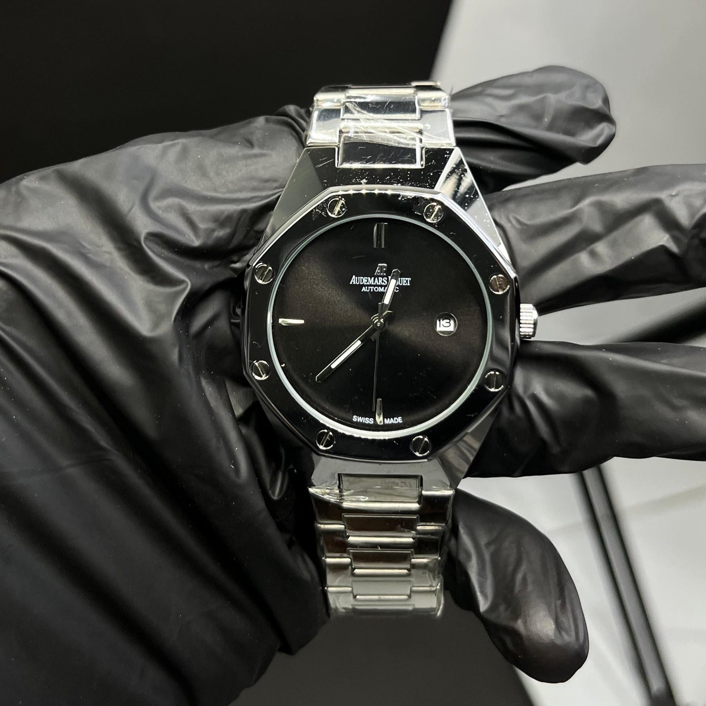 AP Style Silver Watch with Black Dial – Luxury Stainless Steel Design