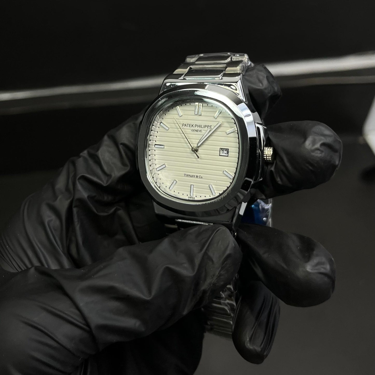 Patek Philippe White Dial Black Chain Watch – Premium Quality with Box