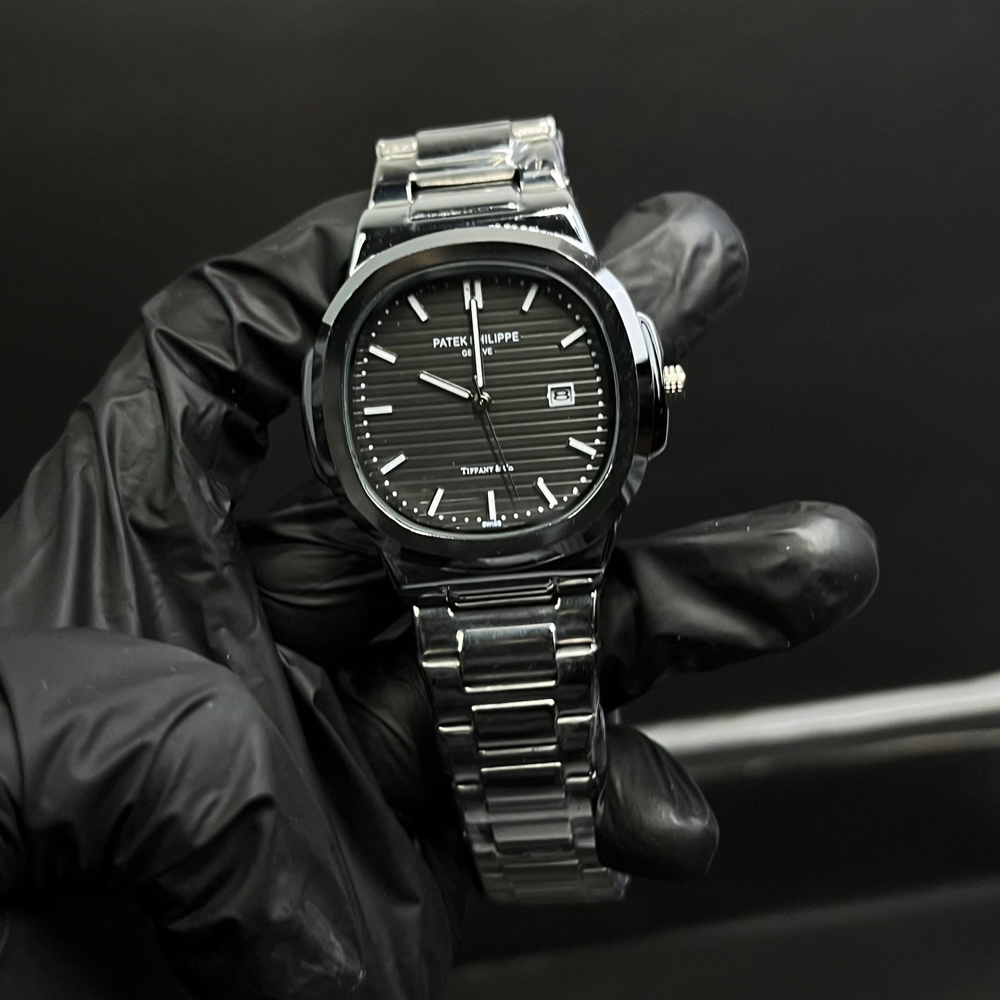 Patek Philippe Nautilus Style – Black Dial Stainless Steel Watch with Date Display