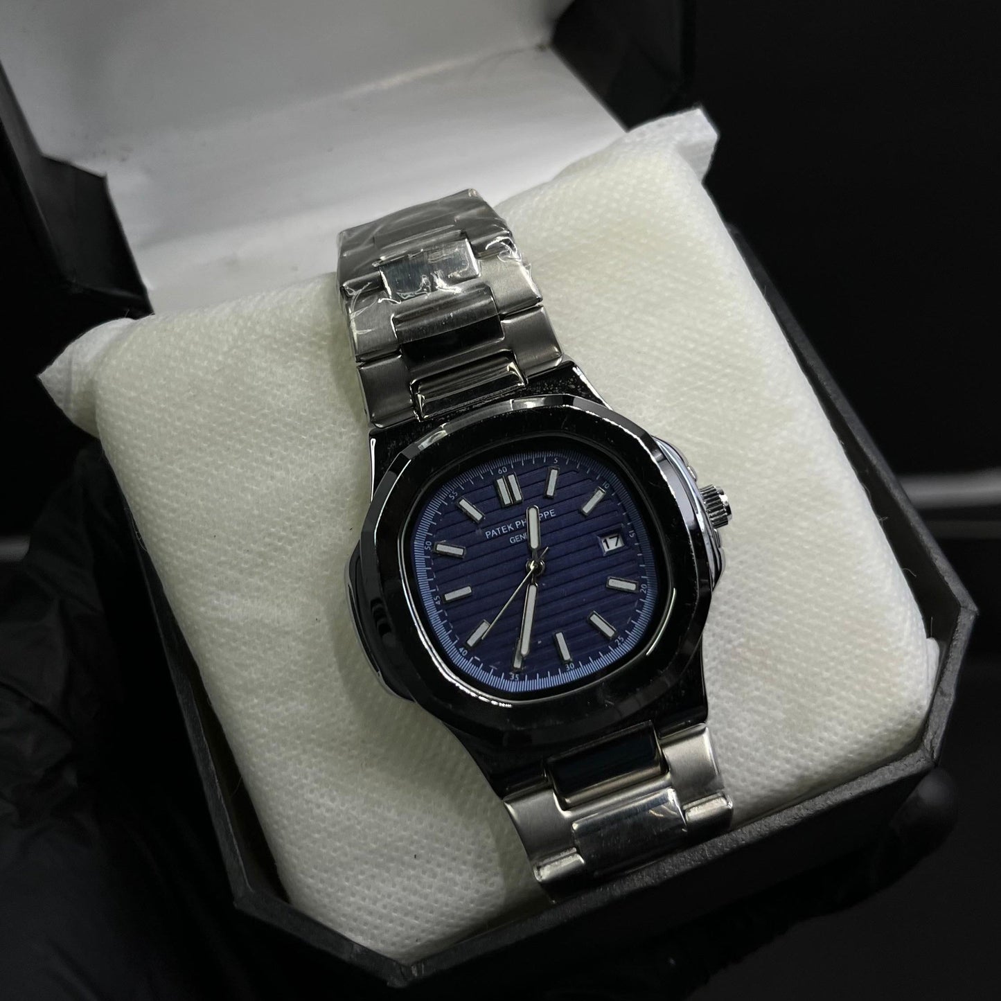 Patek Philippe Blue Dial Silver Chain Watch – Premium Quality with Box