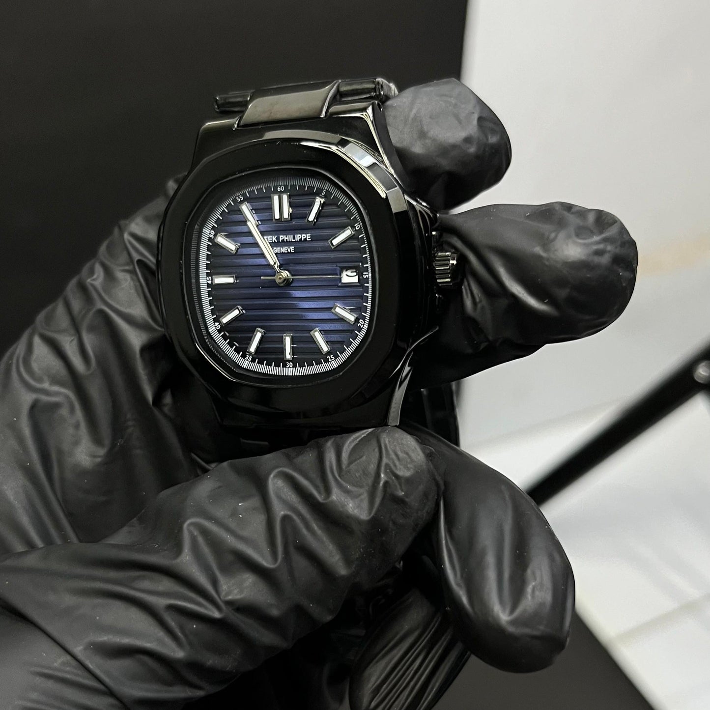Black Patek Philippe With Light Blue Dial And Branding At The Back