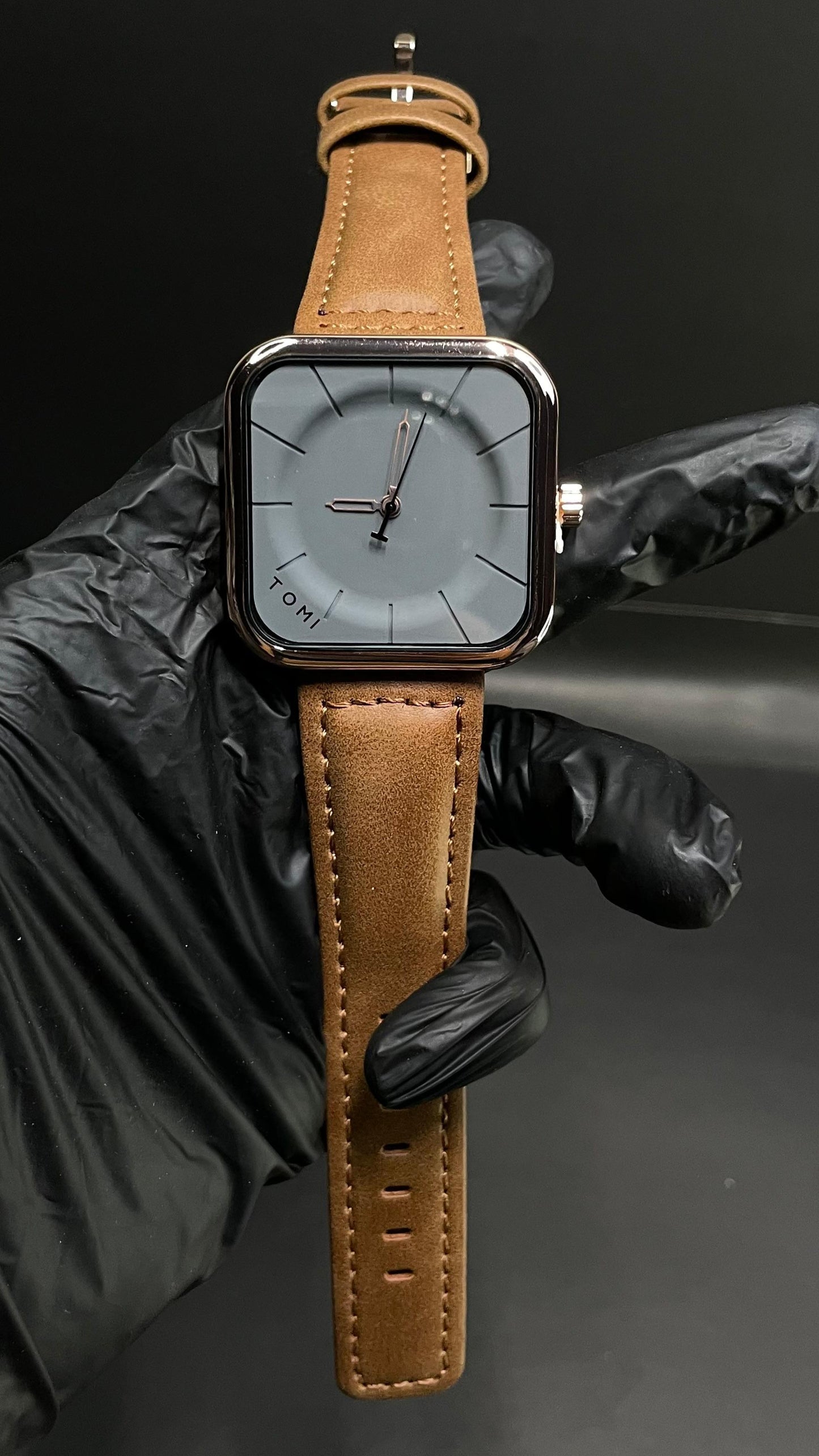 TOMI Square Dial Watch with Brown Leather Strap