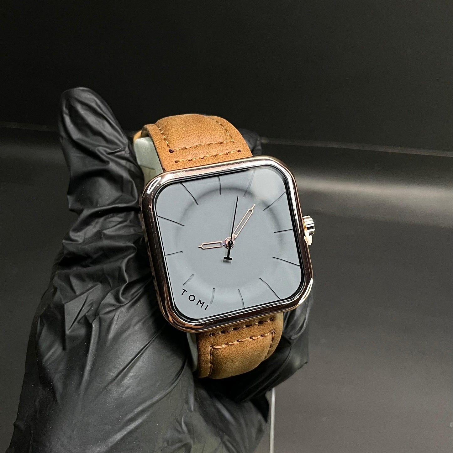 TOMI Square Dial Watch with Brown Leather Strap