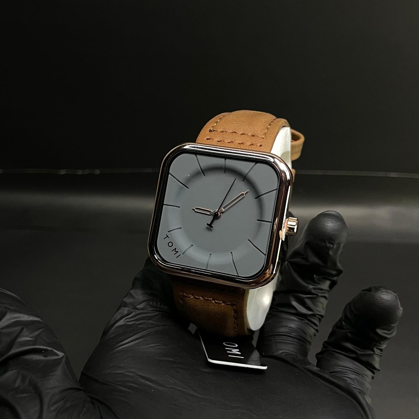 TOMI Square Dial Watch with Brown Leather Strap