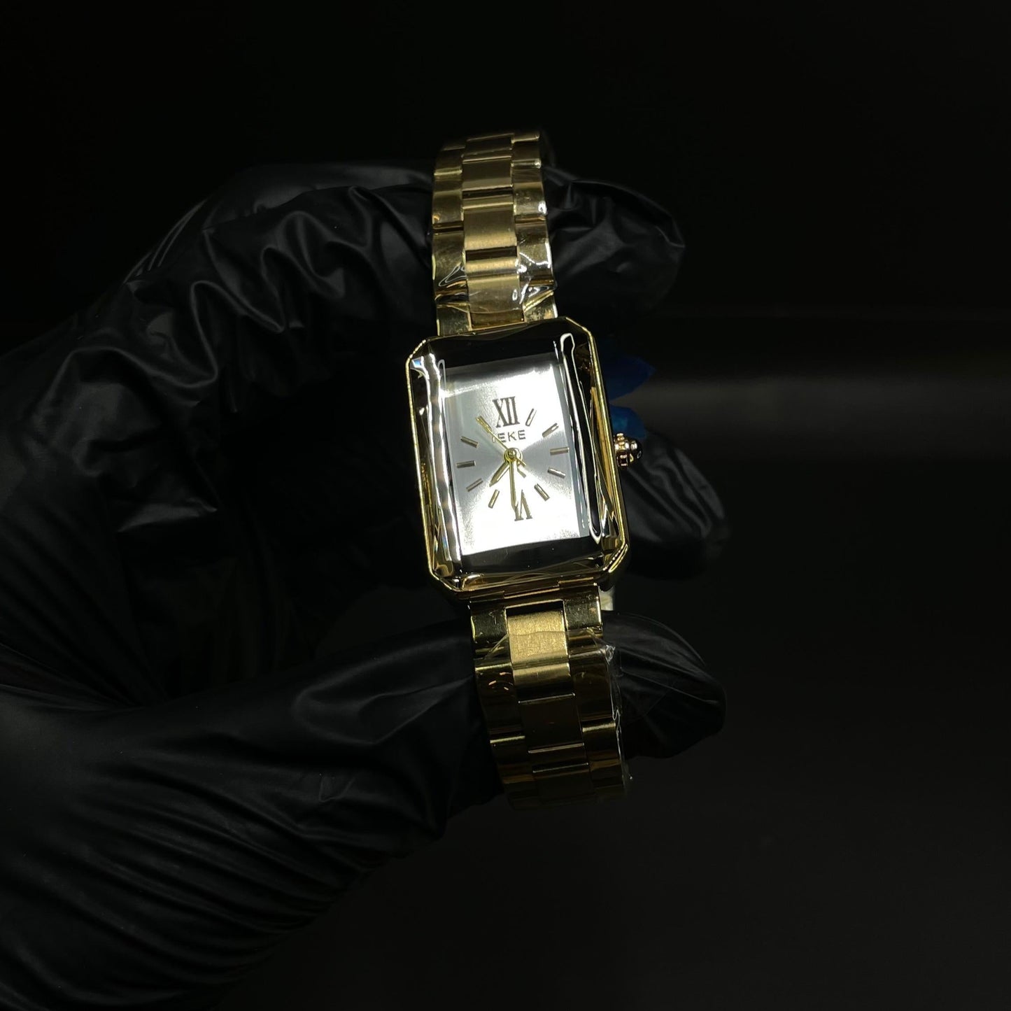 IEKE Women’s Rectangular Gold-Tone Watch – White Dial with Roman Numerals