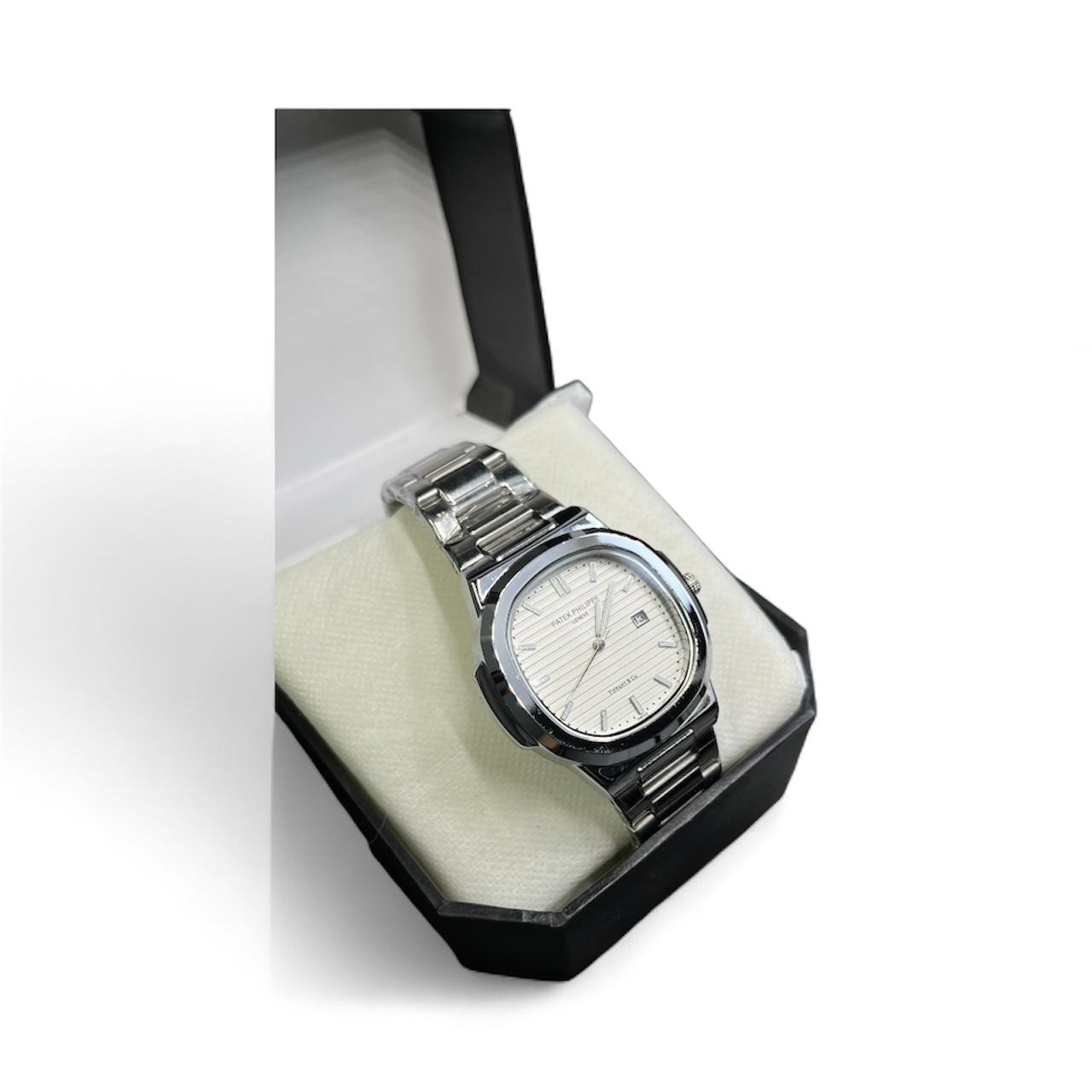 Patek Philippe White Dial Silver Chain Watch – Premium Quality with Box