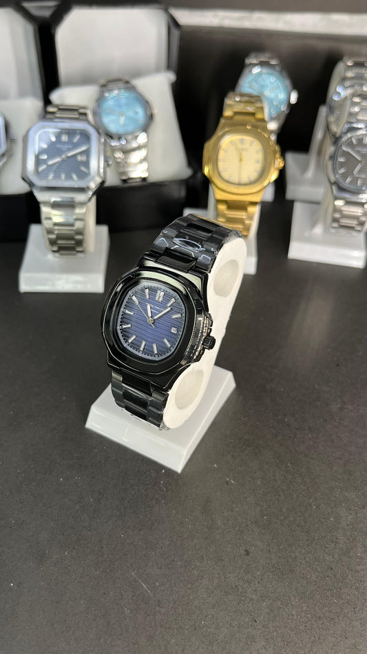Black Patek Philippe With Light Blue Dial And Branding At The Back