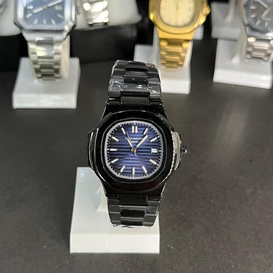 Black Patek Philippe With Light Blue Dial And Branding At The Back