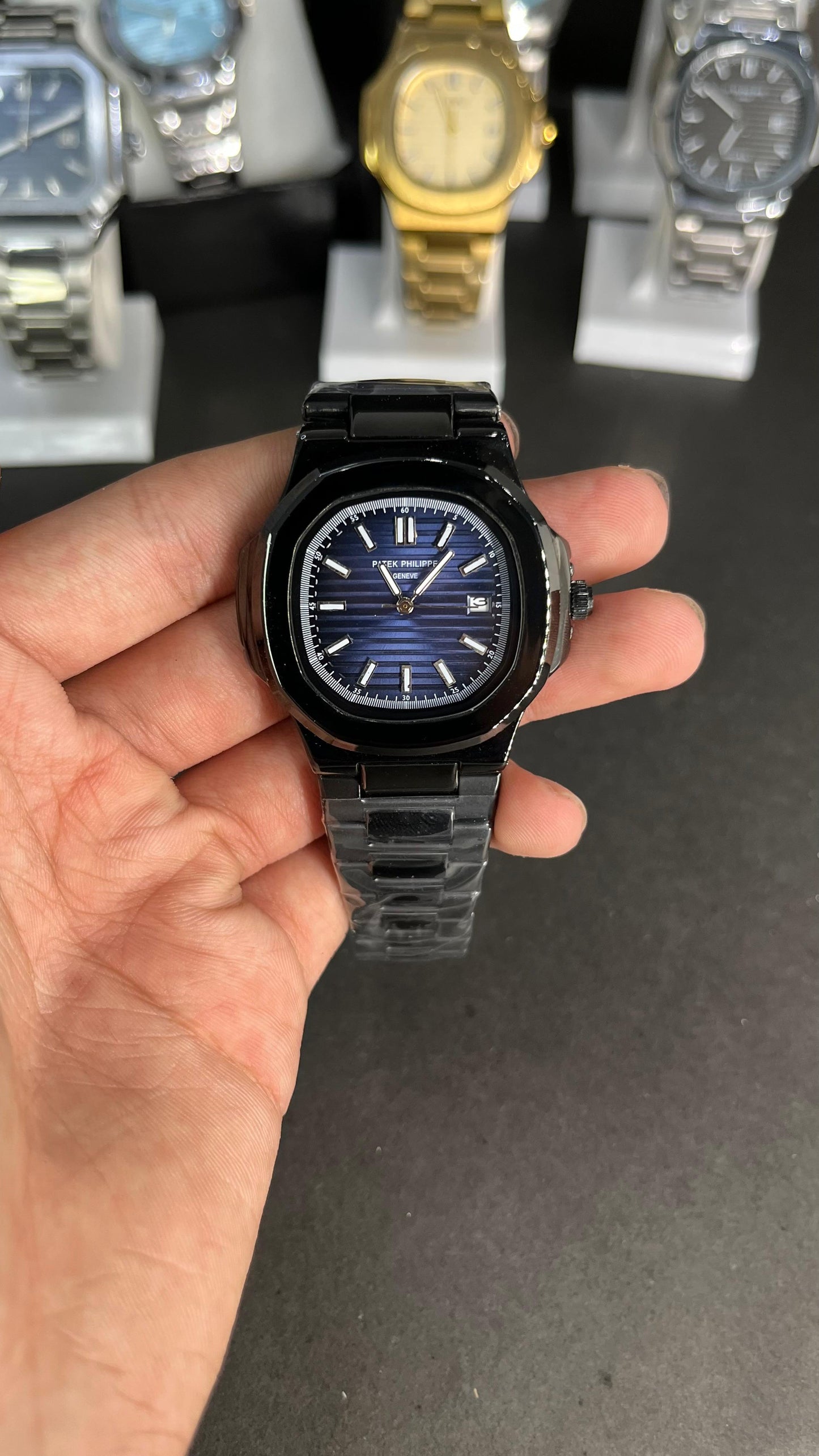 Black Patek Philippe With Light Blue Dial And Branding At The Back