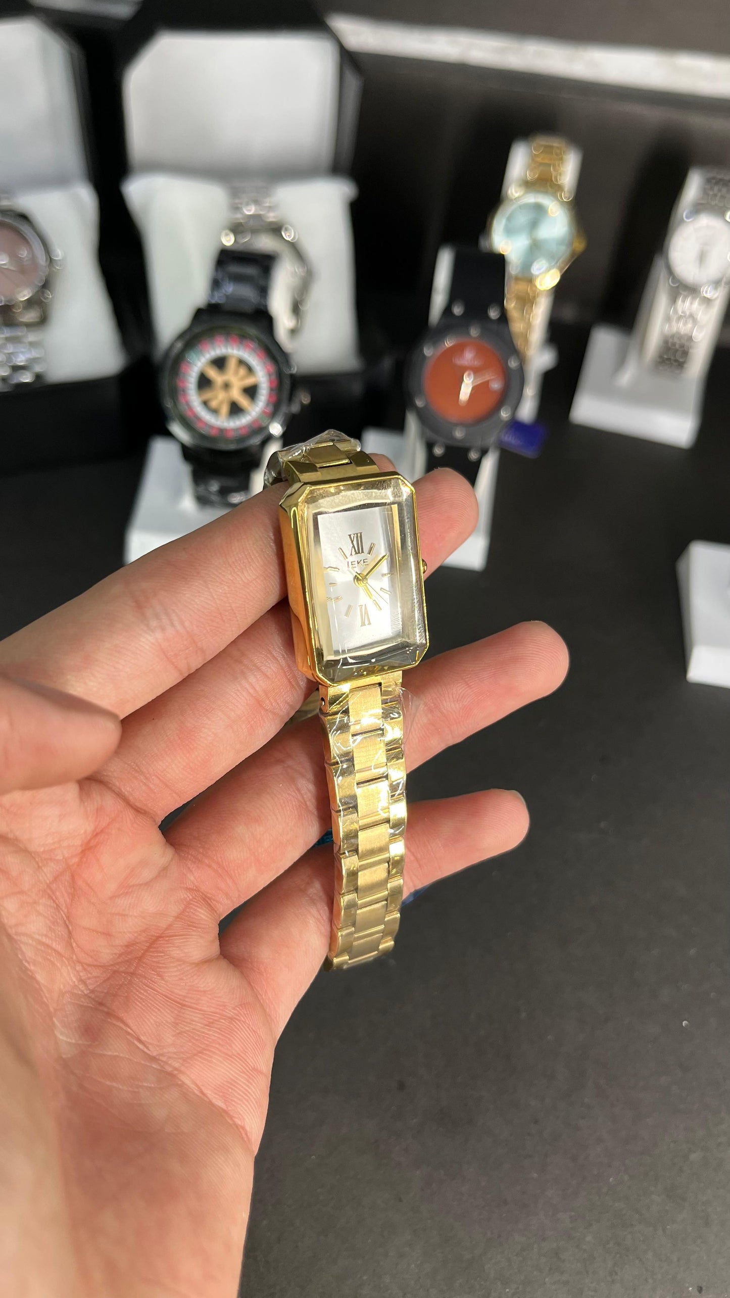 IEKE Women’s Rectangular Gold-Tone Watch – White Dial with Roman Numerals