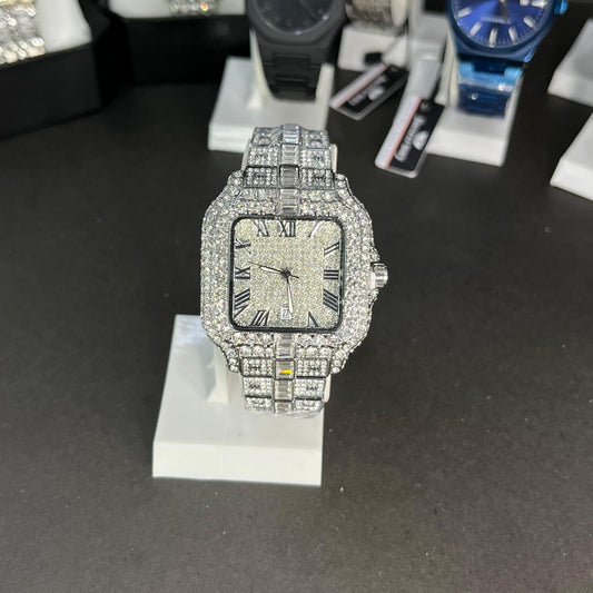 Luxury Iced-Out Silver Roman Dial Watch – Full Diamond Look  Description:
