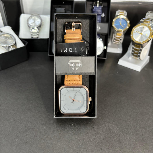 TOMI Square Dial Watch with Brown Leather Strap
