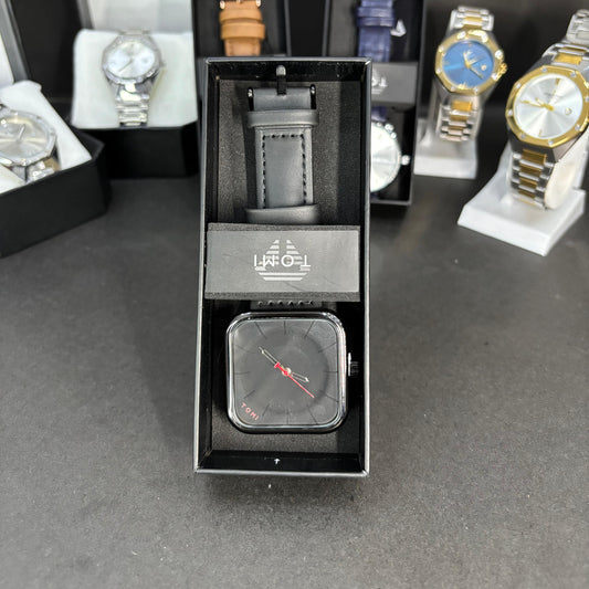 TOMI Black Square Dial Watch with Leather Strap