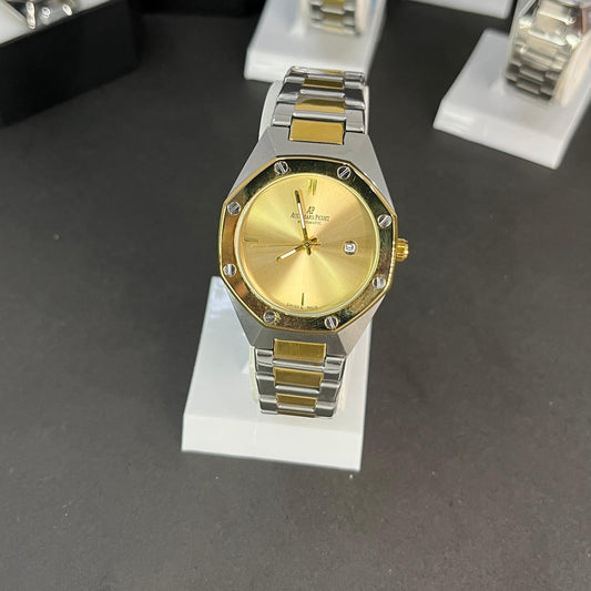 Luxury Two-Tone Stainless Steel Watch – Gold Dial with Date Display