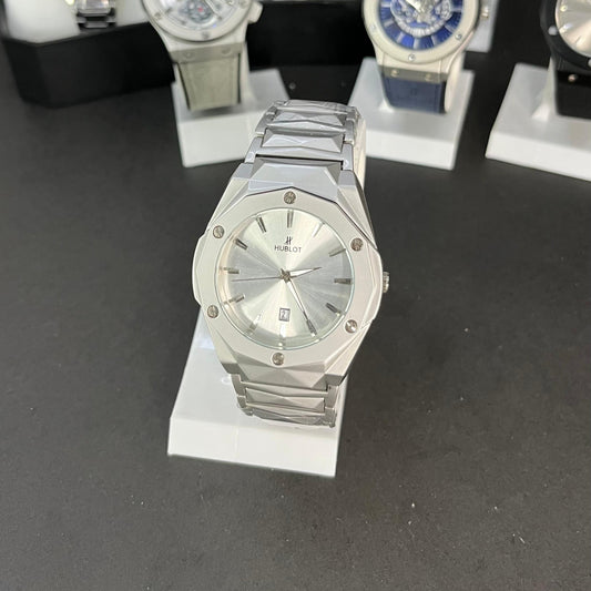 ublot Men’s Watch – Silver Stainless Steel with White Dial