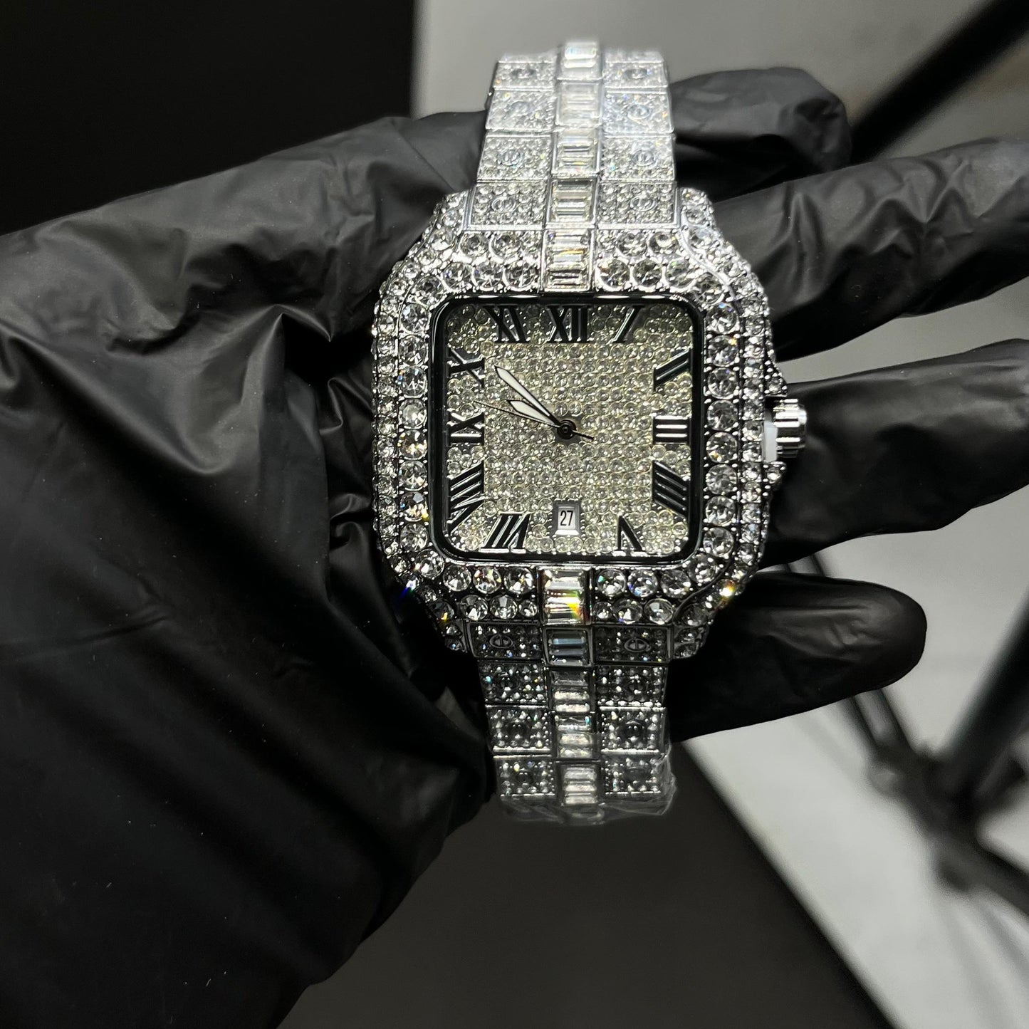 Luxury Iced-Out Silver Roman Dial Watch – Full Diamond Look  Description: