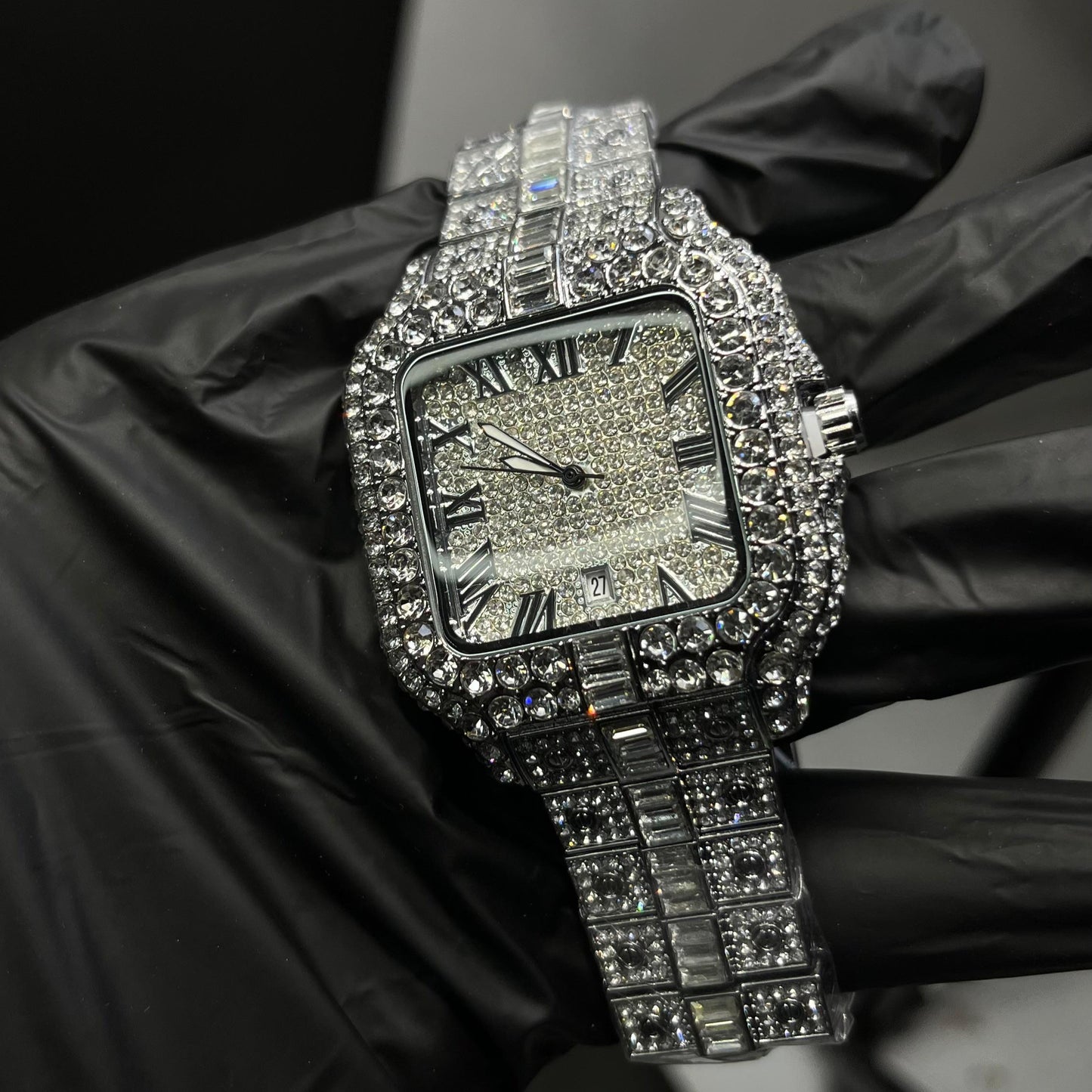 Luxury Iced-Out Silver Roman Dial Watch – Full Diamond Look  Description: