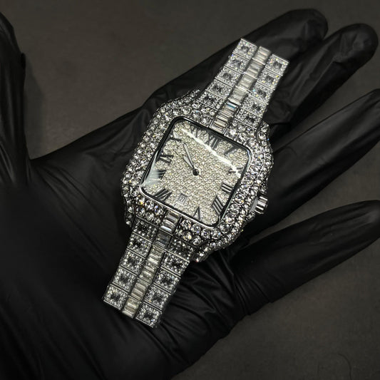 Luxury Iced-Out Silver Roman Dial Watch – Full Diamond Look  Description:
