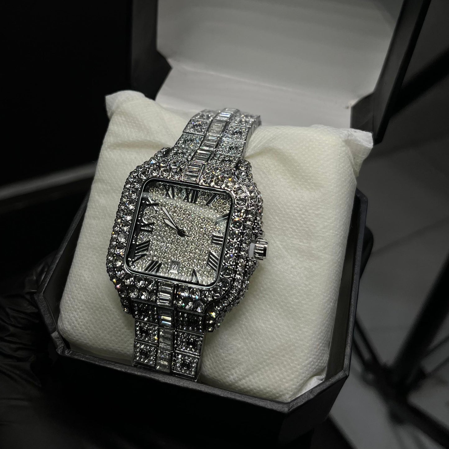 Luxury Iced-Out Silver Roman Dial Watch – Full Diamond Look  Description: