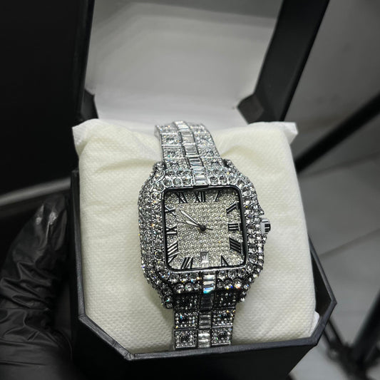 Luxury Iced-Out Silver Roman Dial Watch – Full Diamond Look  Description: