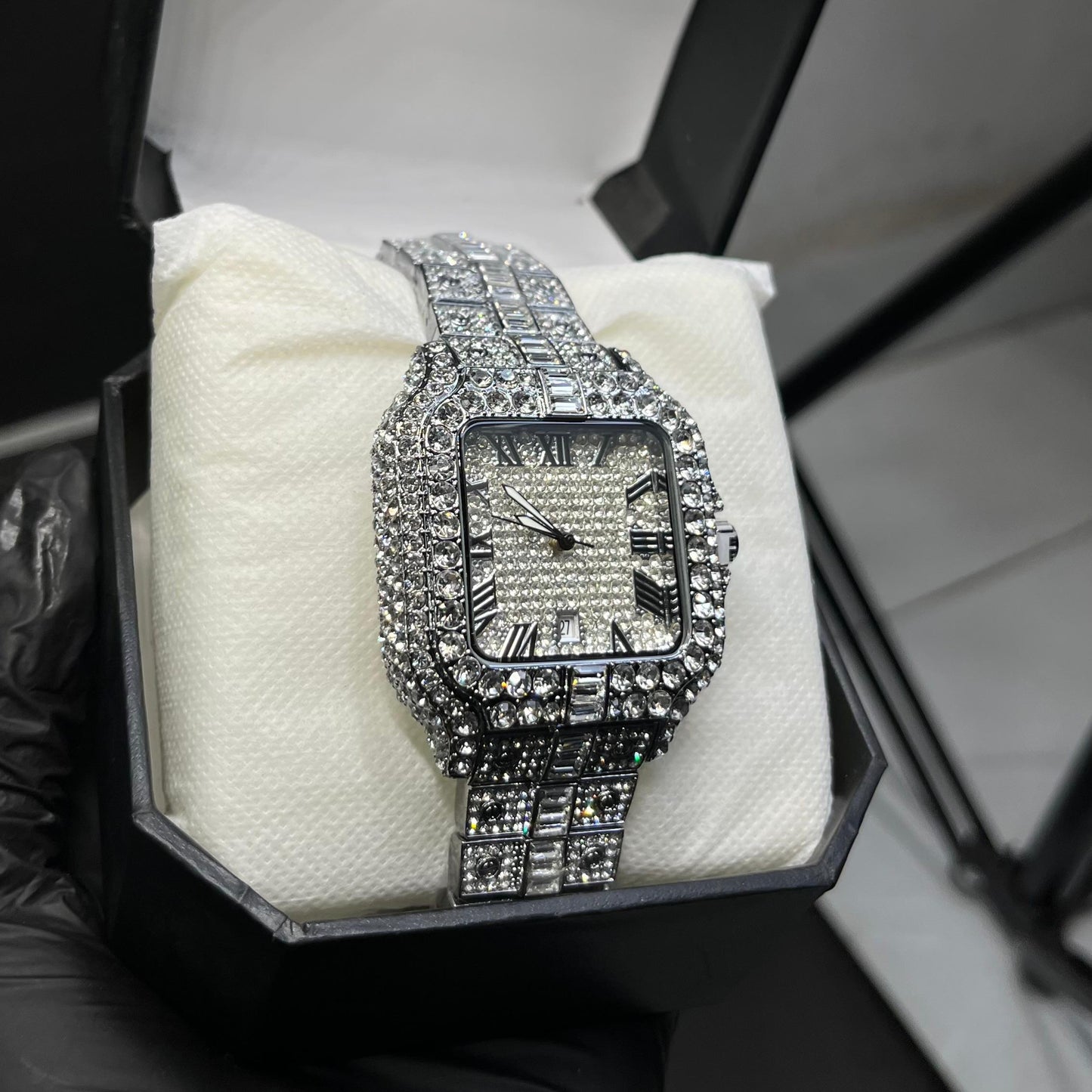 Luxury Iced-Out Silver Roman Dial Watch – Full Diamond Look  Description: