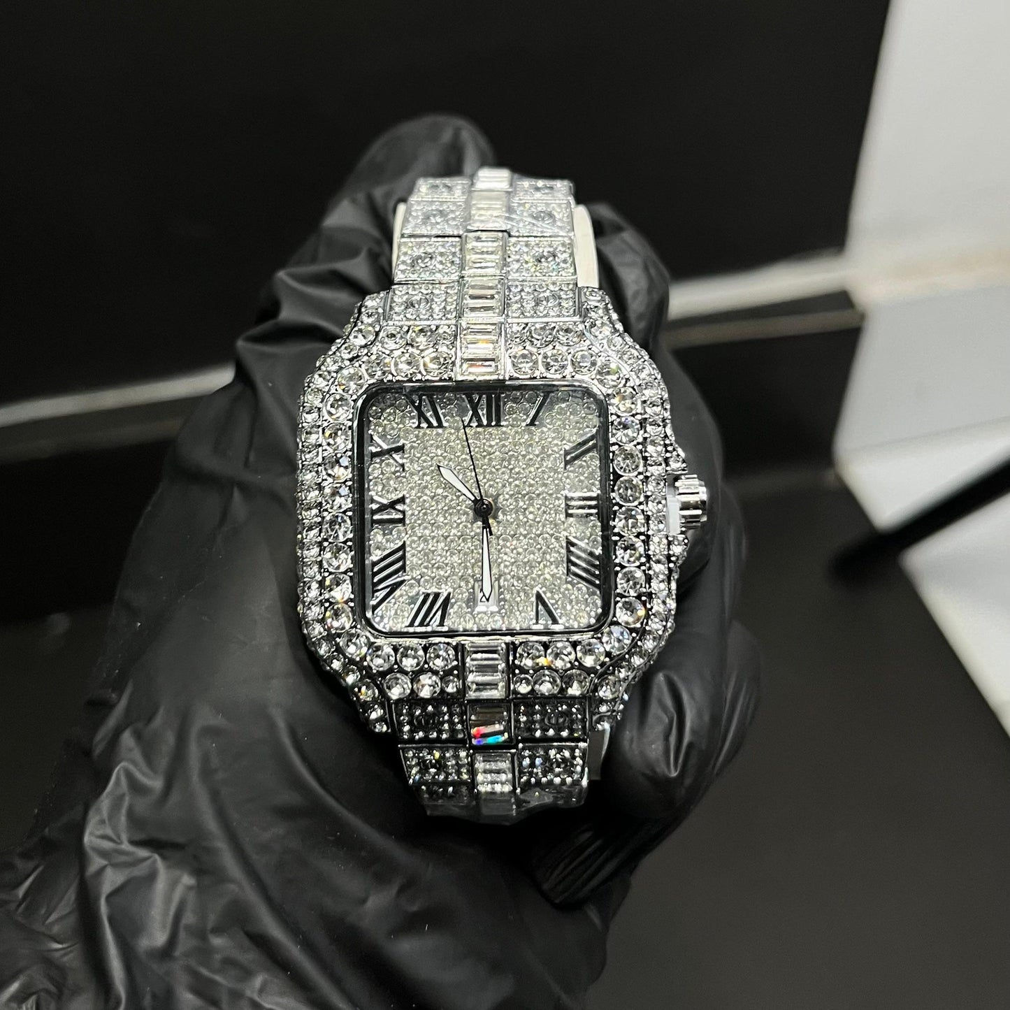 Luxury Iced-Out Silver Roman Dial Watch – Full Diamond Look  Description: