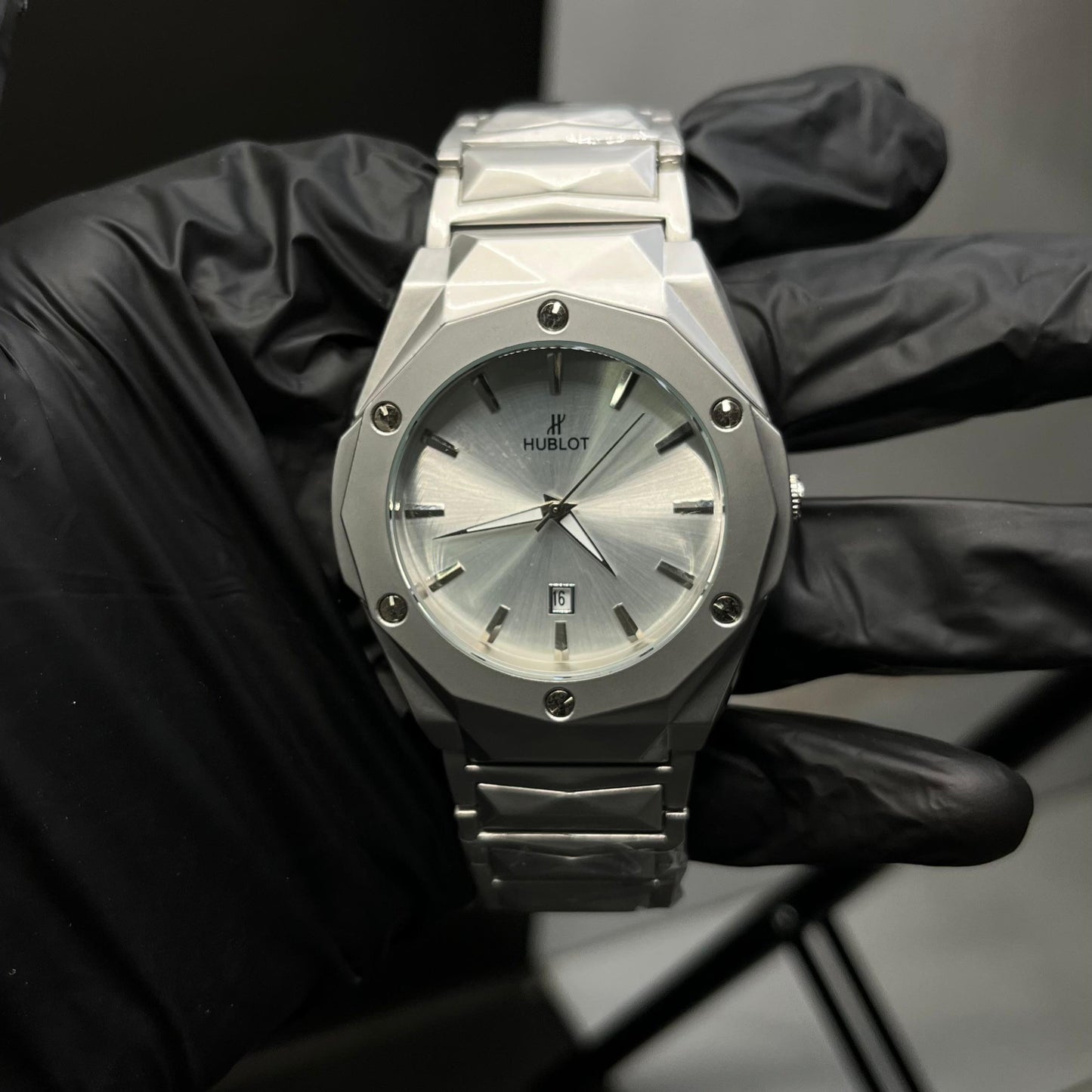 ublot Men’s Watch – Silver Stainless Steel with White Dial