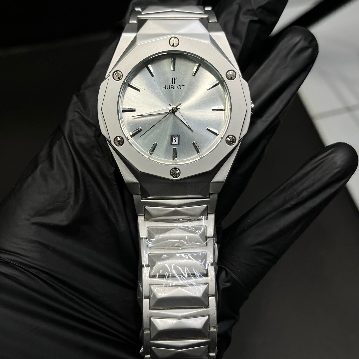 ublot Men’s Watch – Silver Stainless Steel with White Dial